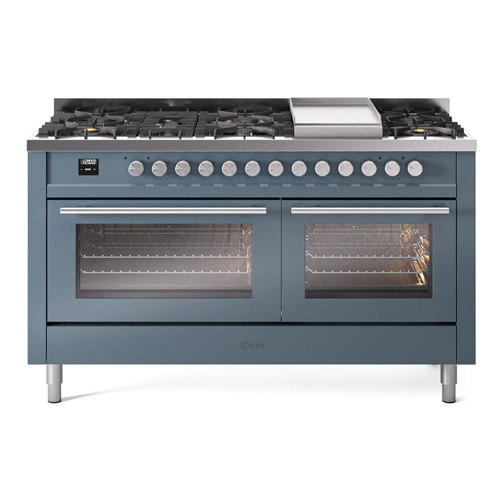 ILVE 60-inch Professional Plus II Dual Fuel Range with 9 Burners, Griddle, and Triple Glass Door Oven in Blue Grey (UP60FWMPBG)