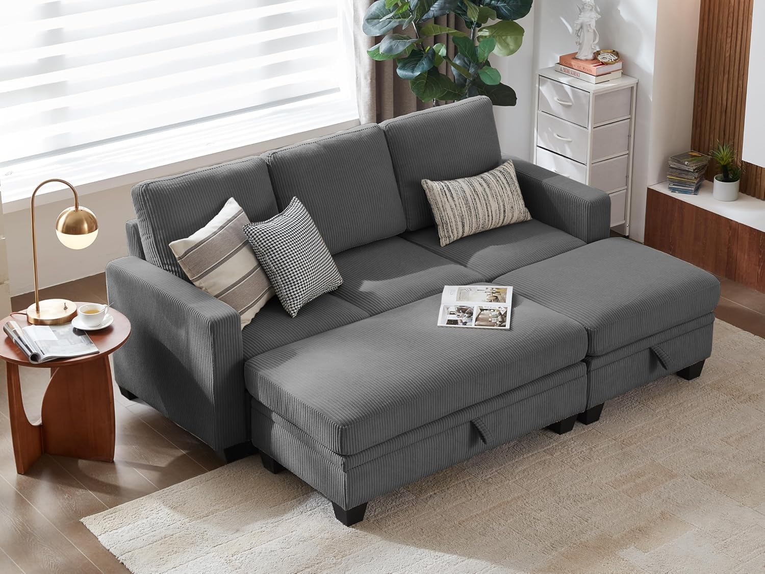 CHIC HOUSE Corduroy Modular Sectional Couch with Ottoman Chaise, L/U Shaped Sleeper Sofa for Living Room, Apartment, Lounge, Modern Armrest Neck Support Furniture (6 Seater Sleeper, Dark Grey)