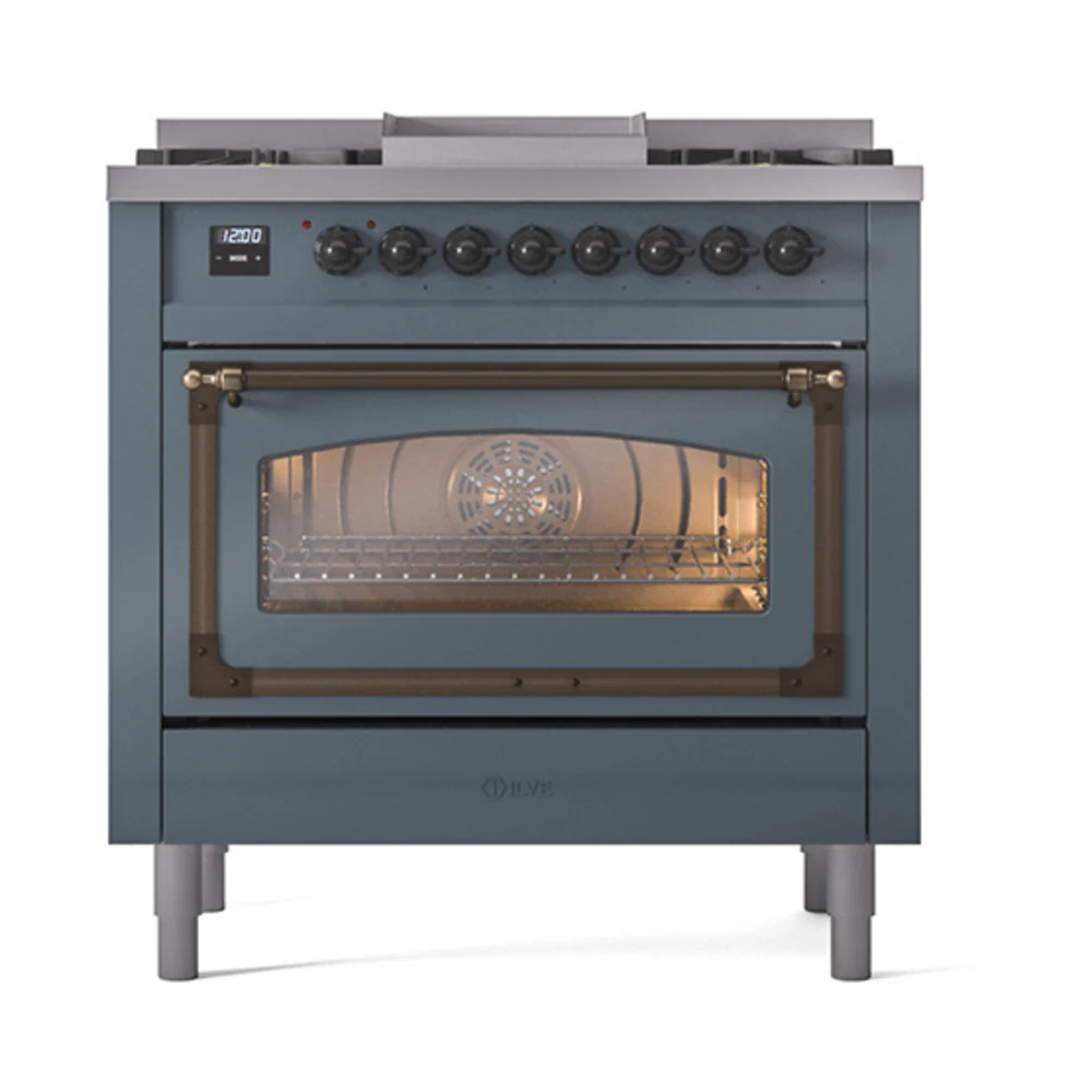 ILVE Nostalgie II Noblesse 36-Inch Dual Fuel Range and Triple Glass Door in Blue Grey with Bronze Trim (UN36FNMPBGB)