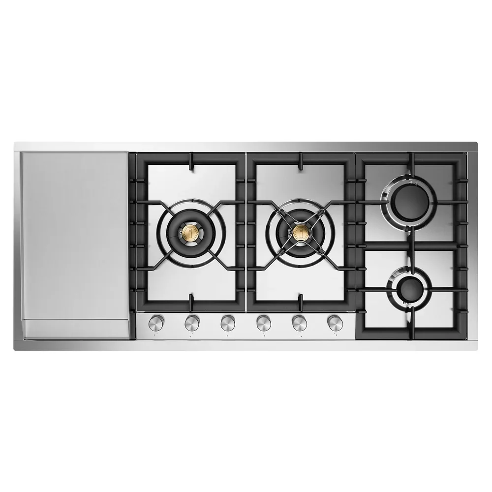 ILVE Professional Plus II 48-Inch Built-In Gas Cooktop with Total Black Brass Burners in Stainless Steel with 6 Sealed Burners & Left Griddle (UHCPT125FSS)