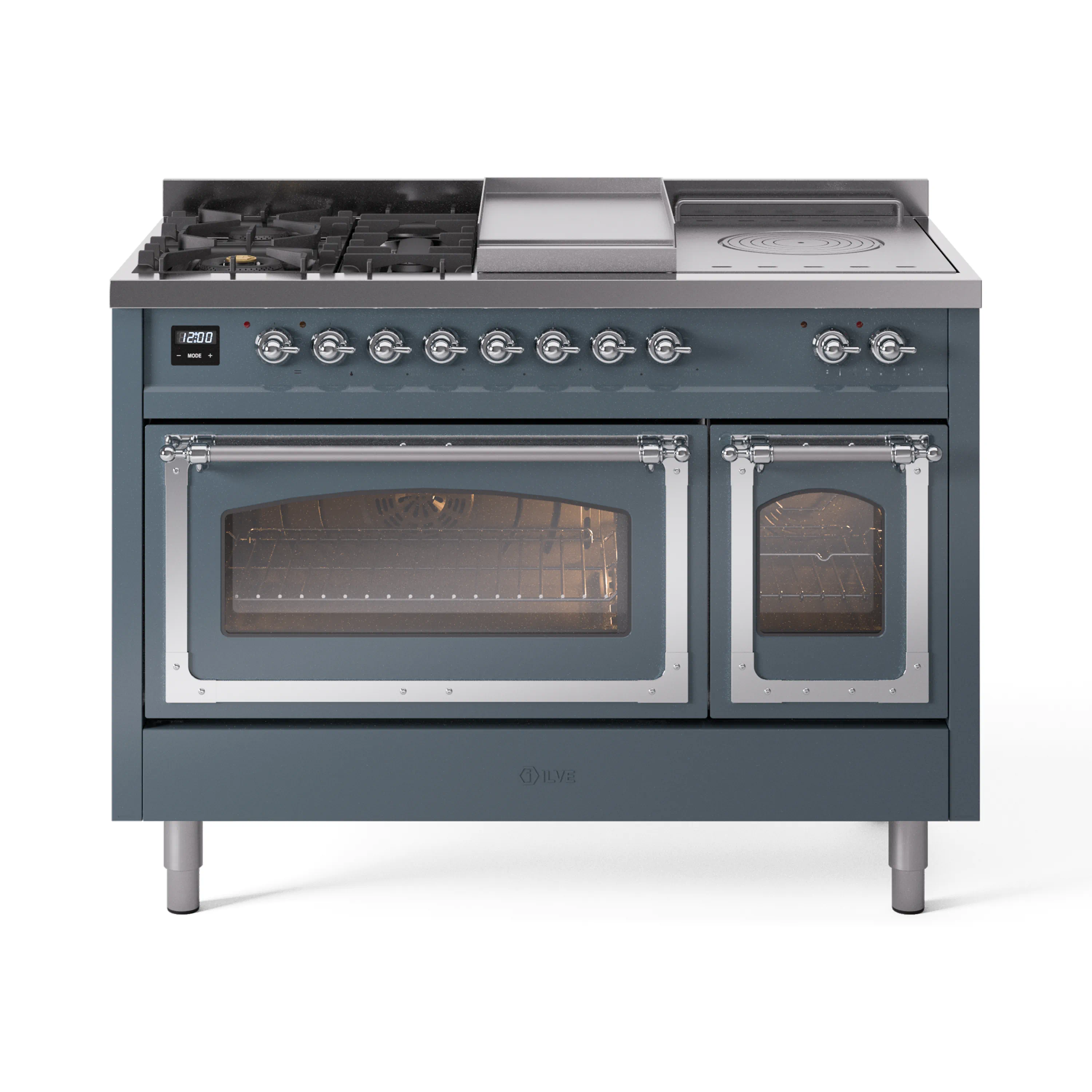ILVE Nostalgie II Noblesse 48-Inch Dual Fuel Range with 5 Burners, Griddle, & French Top with Triple Glass Door Oven in Blue Grey with Chrome Trim (UN48FSNMPBGC)