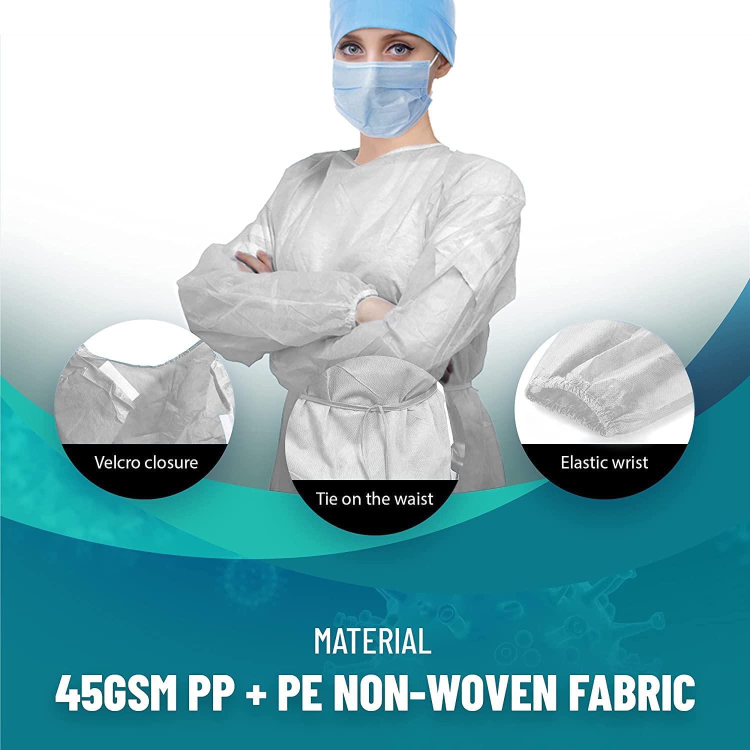 Disposable Isolation Gowns - 100 Pack Level 2 PPE Gowns Disposable - White Knee-Length, Non-Woven, for Dental, Medical, Lab | Fluid-Resistant, One Size Fits Most