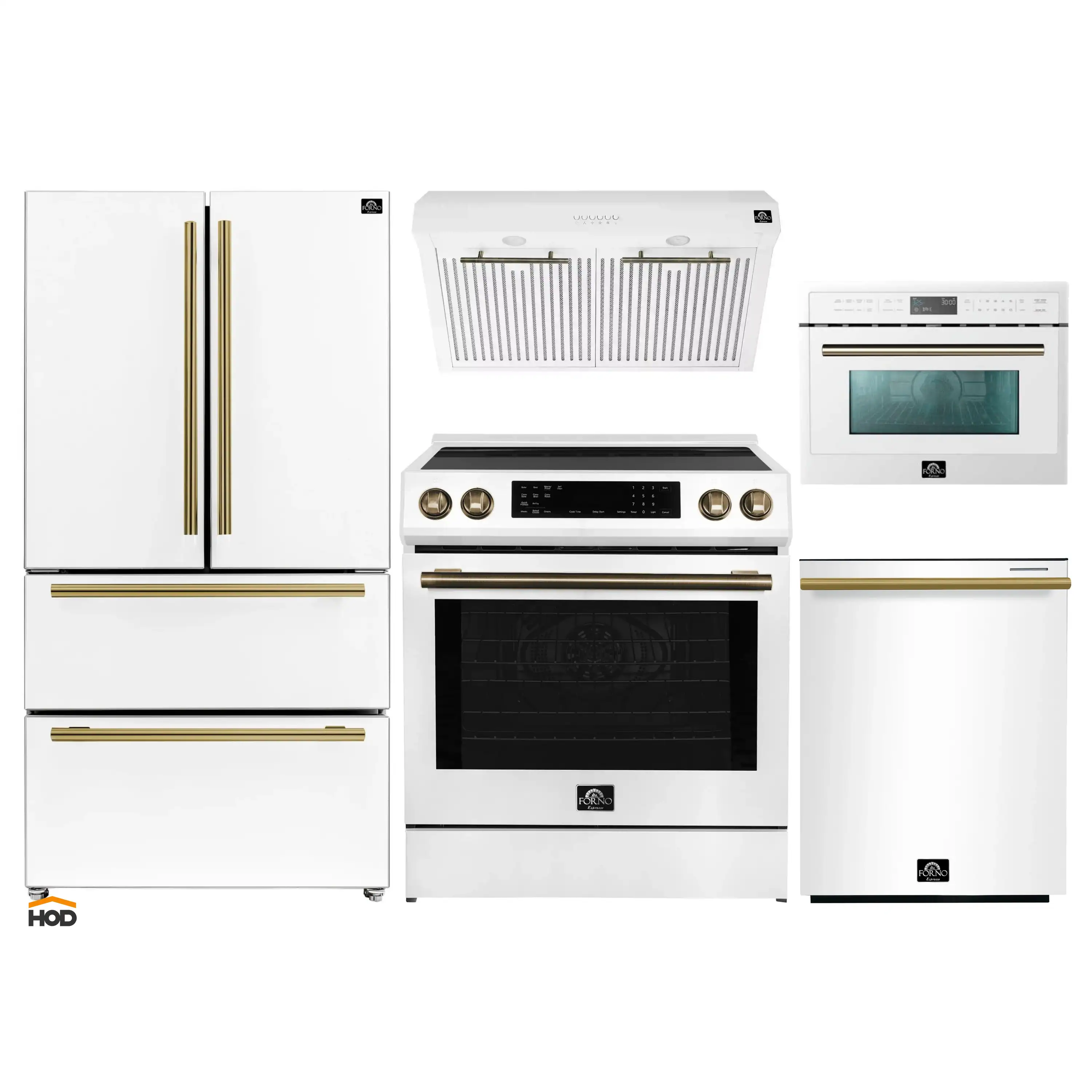 Forno 5-Piece Appliance Package - 30-Inch Inducton Range, Under Cabinet Range Hood, Refrigerator, Dishwasher, and  24-Inch Microwave Oven in White with Antique Brass Trim