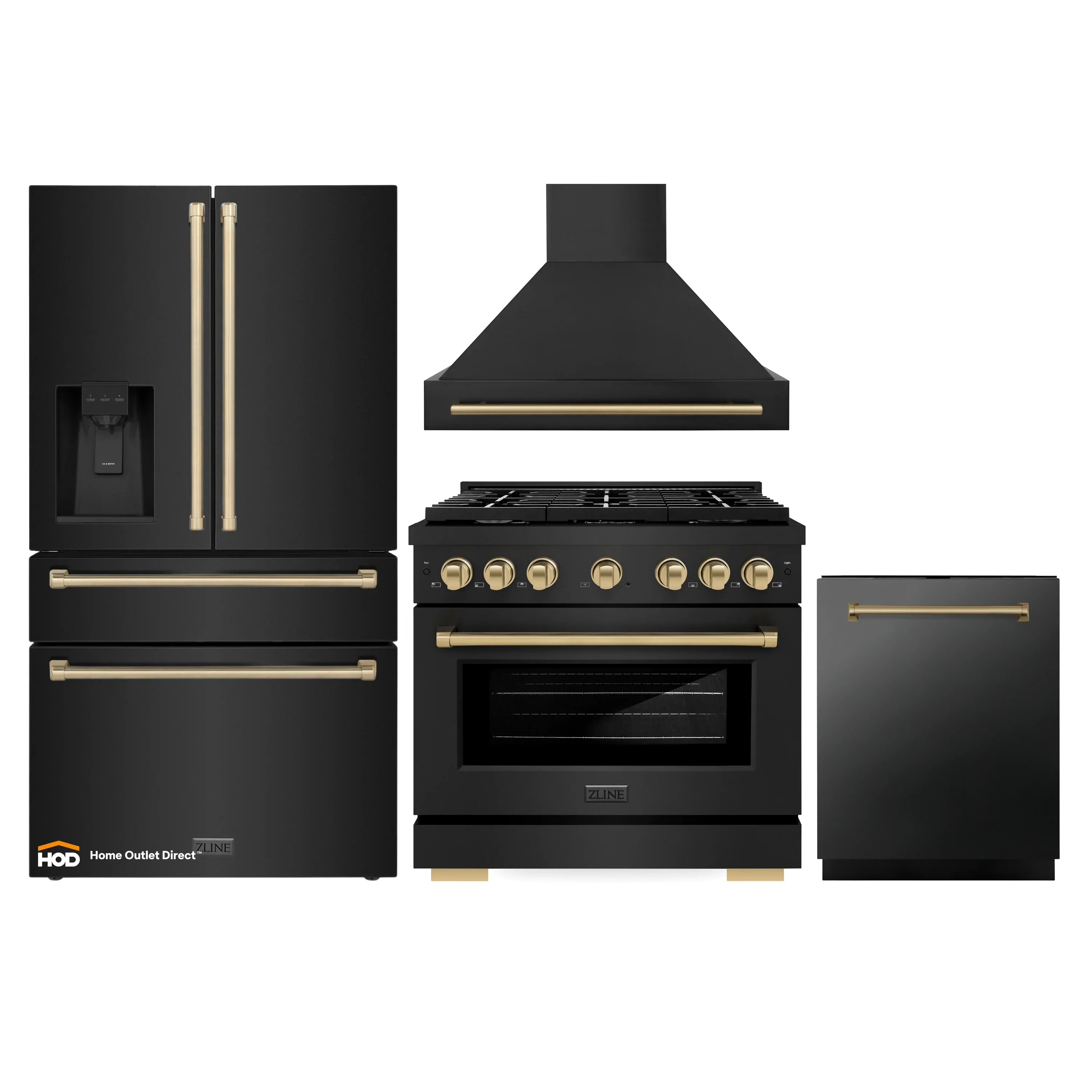 ZLINE Autograph Edition 4-Piece Appliance Package - 36-Inch Gas Range, Refrigerator with Water Dispenser, Wall Mounted Range Hood, & 24-Inch Tall Tub Dishwasher in Black Stainless Steel with Champagne Bronze Trim (4KAPR-SGRBRHDWV36-CB)