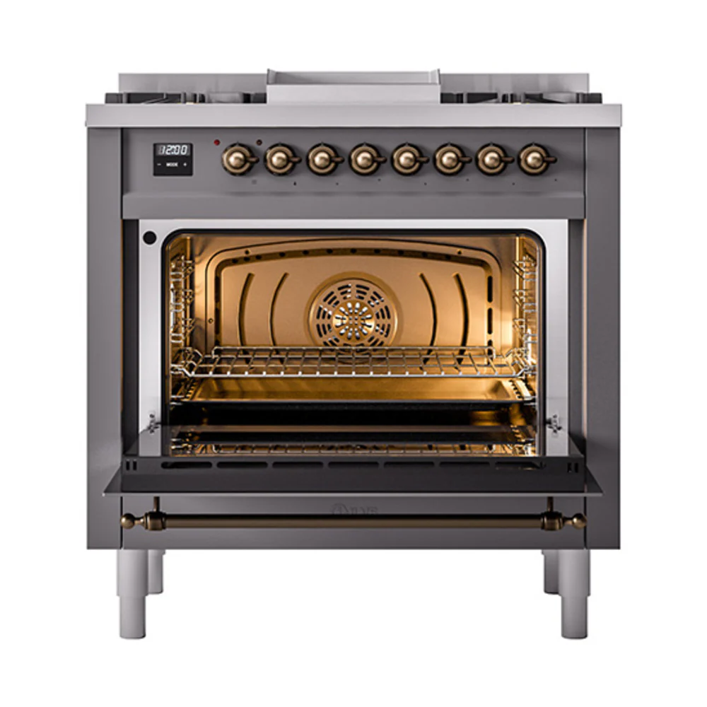 ILVE Nostalgie II Noblesse 36-Inch Dual Fuel Range and Solid Door Oven in Matte Graphite with Bronze Trim (UN36FQNMPMGB)