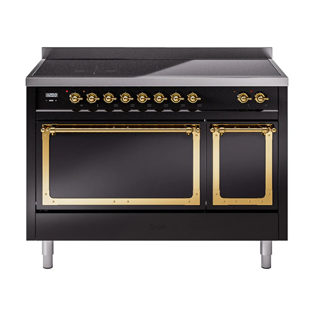 ILVE Nostalgie II Noblesse 48-Inch Induction Range with Solid Door Oven in Glossy Black with Brass Trim (UNI486QNMPBKG)