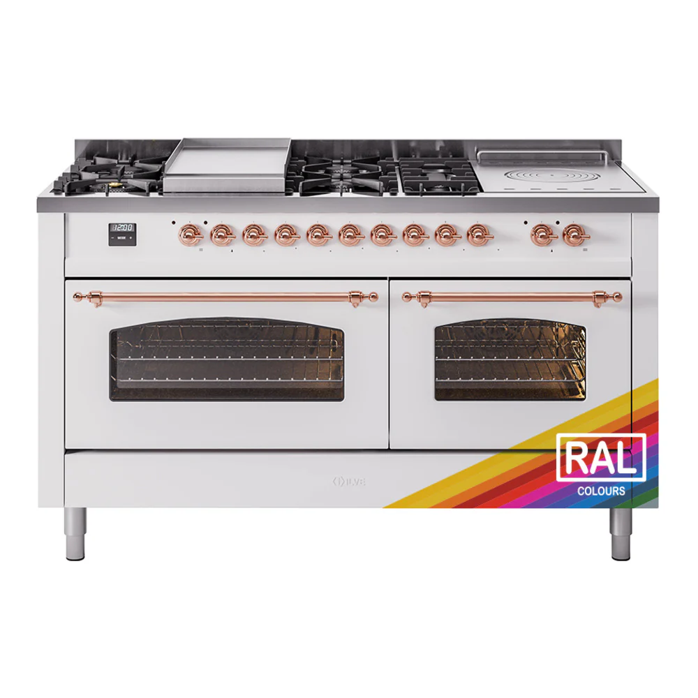 ILVE Nostalgie II 60-Inch Dual Fuel Range with 7 Burners, Griddle, & French Top with Triple Glass Door Oven in Custom RAL with Copper Trim (UP60FSNMPRAP)