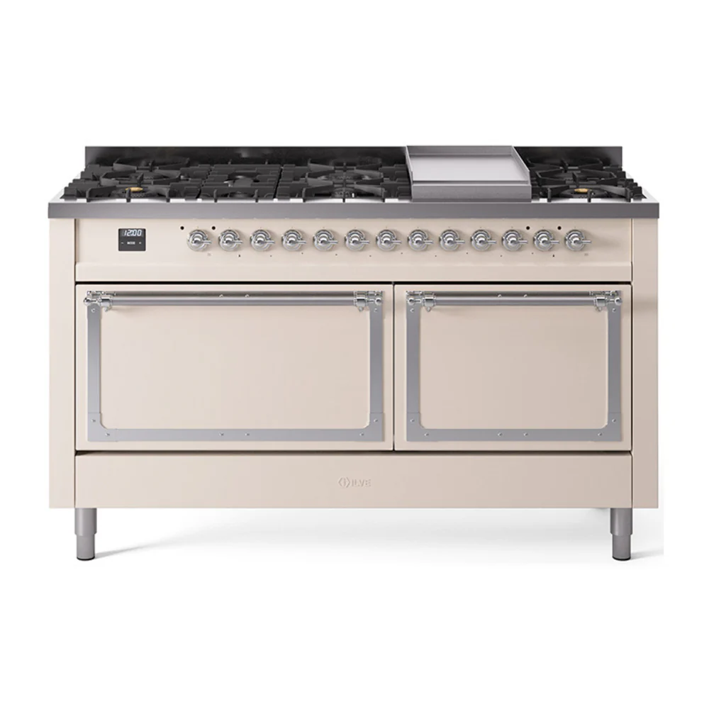 ILVE 60-Inch Nostalgie II Noblesse Dual Fuel Range with 9 Sealed Burners, Griddle, and Solid Door Oven in Antique White with Chrome Trim (UN60FQNMPAWC)