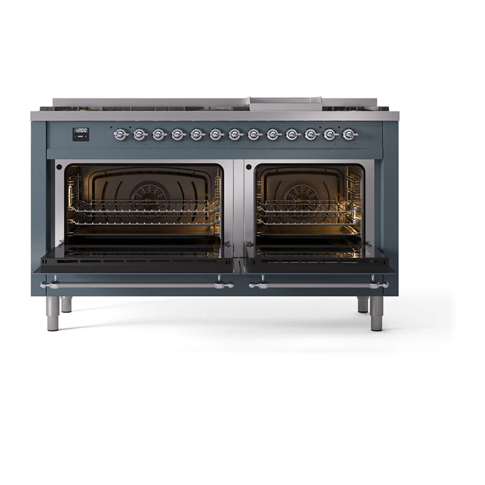 ILVE 60-Inch Nostalgie II Dual Fuel Range with 9 Burners, Griddle and Solid Door Oven in Blue Grey with Chrome Trim (UP60FQNMPBGC)
