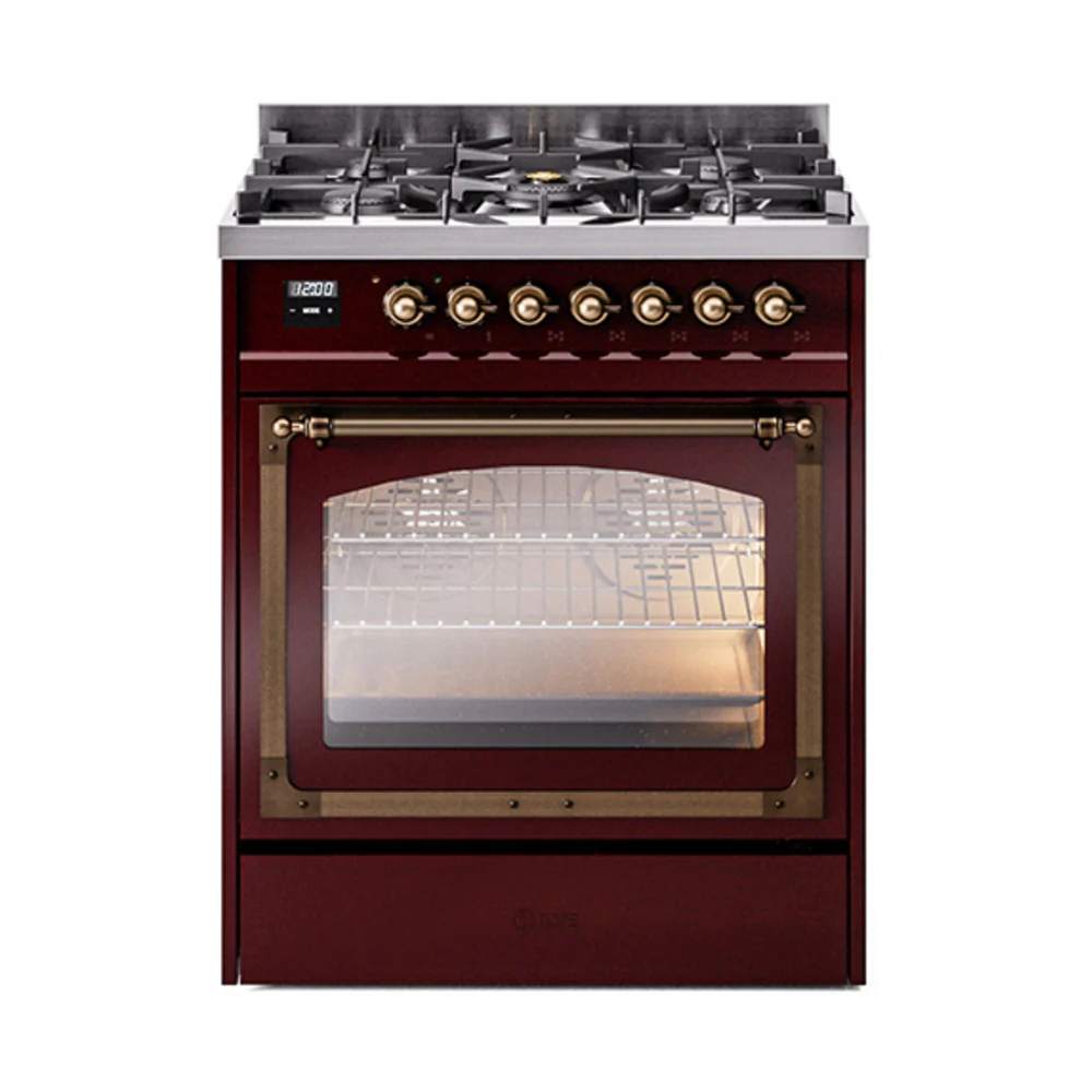 ILVE Nostalgie II Noblesse 30-Inch Dual Fuel Range with Triple Glass Door in Burgundy with Bronze Trim (UN30NMPBUB)