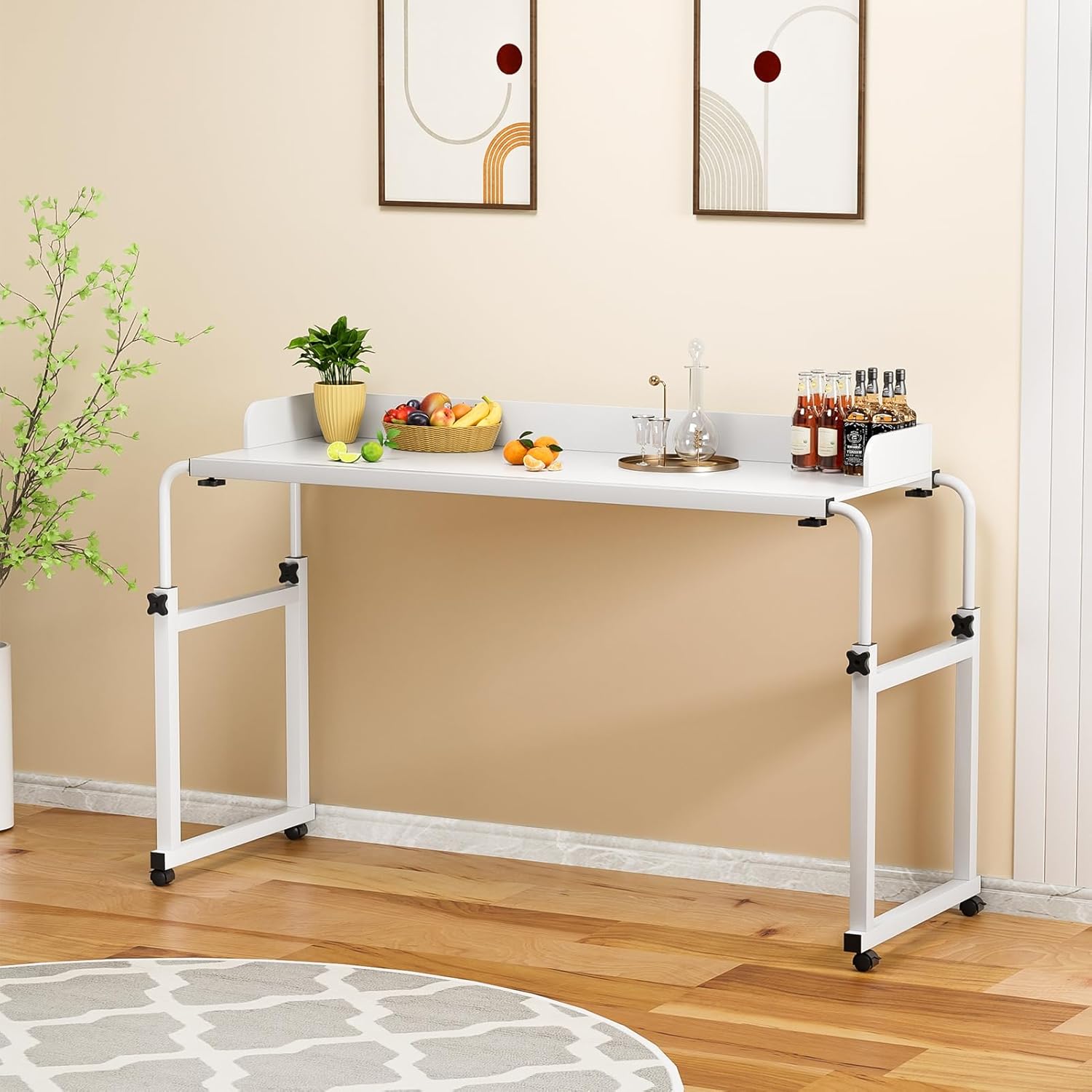 Overbed Table, Adjustable Bedside Table with Wheels, Movable Rolling Laptop Desk, Portable Bedside Workstation for Home Office and Hospital Use White