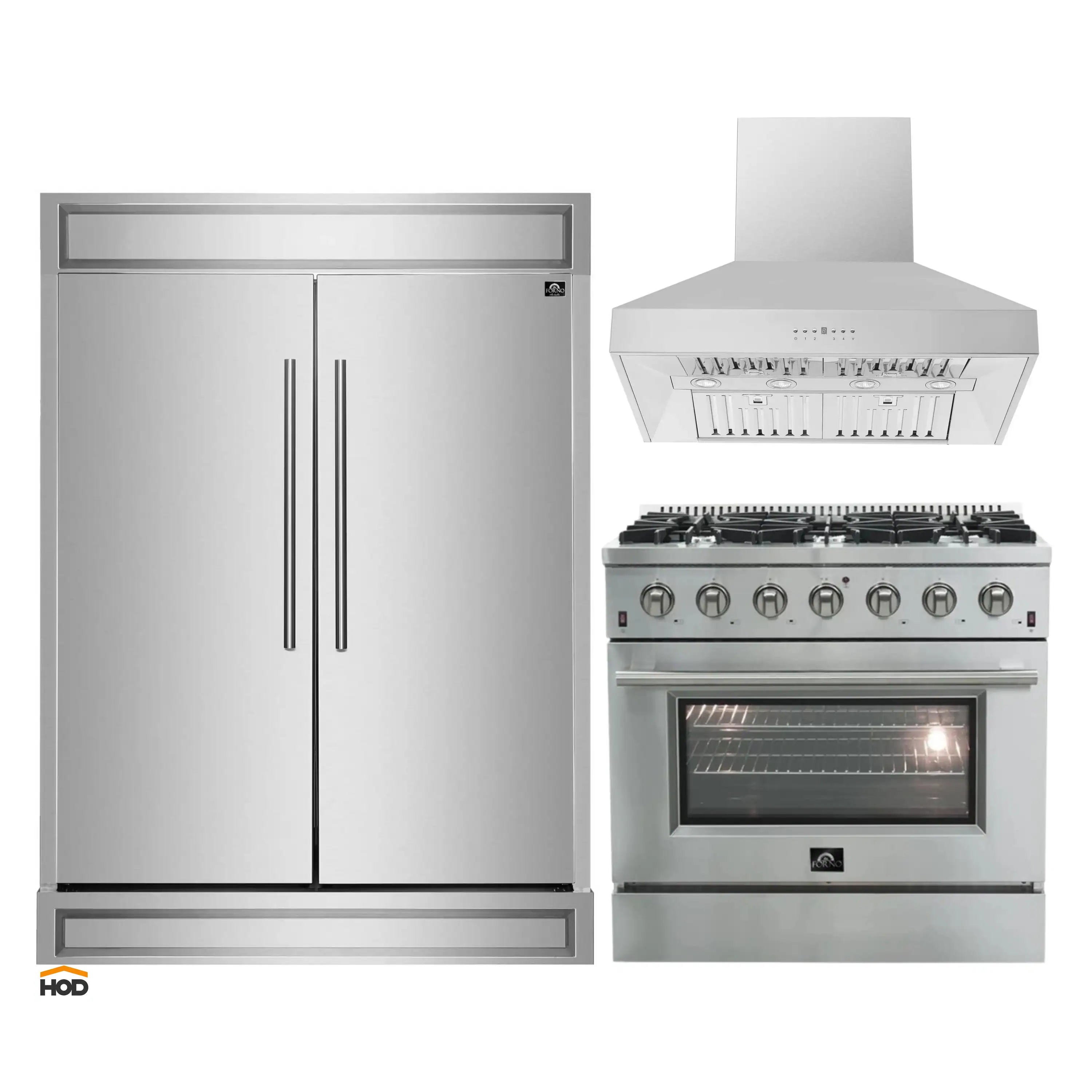 Forno 3-Piece Appliance Package - 36-Inch Gas Range, Refrigerator, & Wall Mount Hood in Stainless Steel