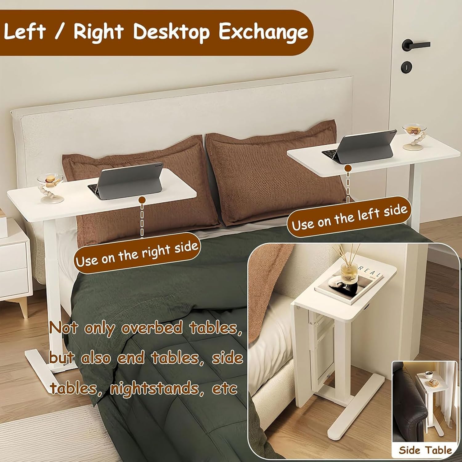 Overbed Bedside Table with Hidden Wheels, Pneumatic Adjustable Height, Foldable Mobile Desk for Hospital and Home Use, Rolling Computer Cart