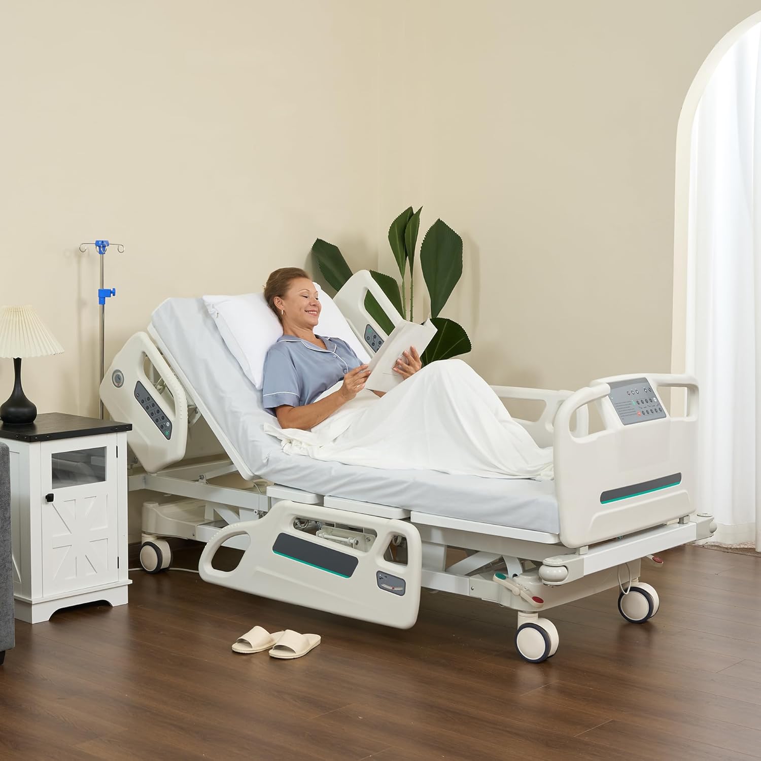 Real Relax Premium Multi Function Full Electric Hospital Bed, ICU Medical Bed with Cardiac Chair Position, Emergency Stop Button, underbed Night Light, one-Touch seat Position, 530LBS Loading
