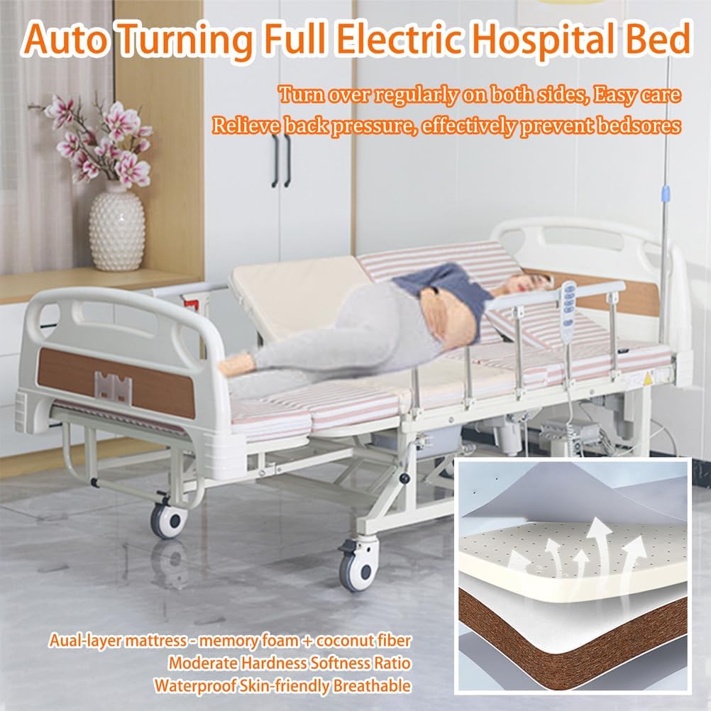 Electric Hospital Beds for Home Use with 10 Function, Full Electric Medical Beds with Lateral Tilting Adjustable Lift with Mattress, Quiet Wheels, 530LB Loading