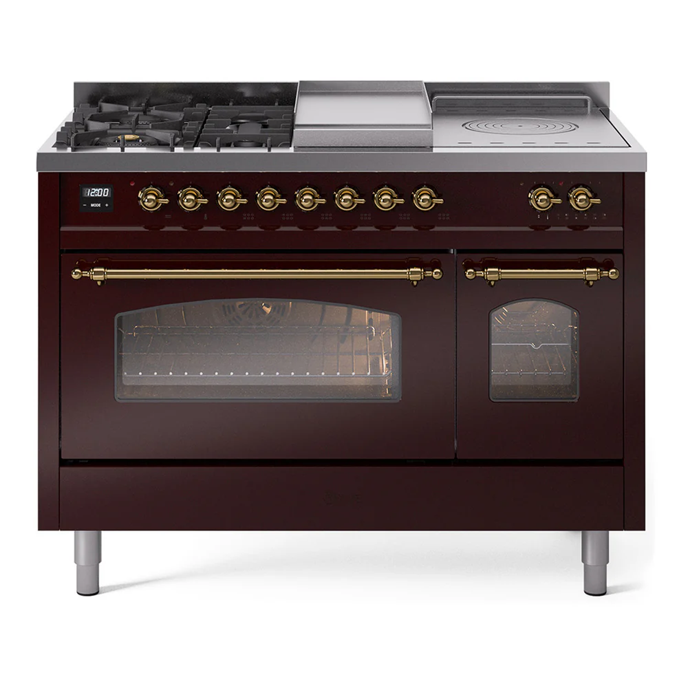 ILVE Nostalgie II 48-Inch Dual Fuel Range with 5 Burners, Griddle, & French Top with Triple Glass Door Oven in Burgundy with Brass Trim (UP48FSNMPBUG)