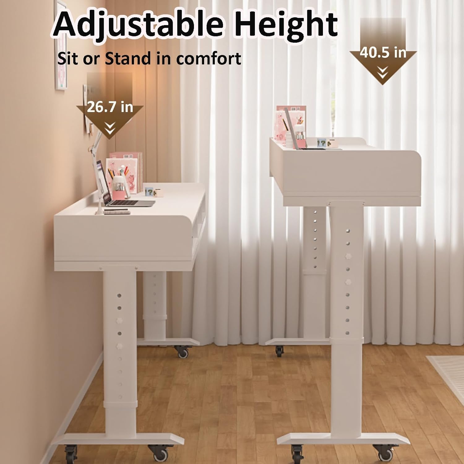 Height Adjustable Over Bed Table with Drawer & 3-Side Guard Rails, Over The Bed Table with Wheels, Rolling Over Bed Desk, Laptop Workstation for Bedroom, Living Room, Office, Hospital