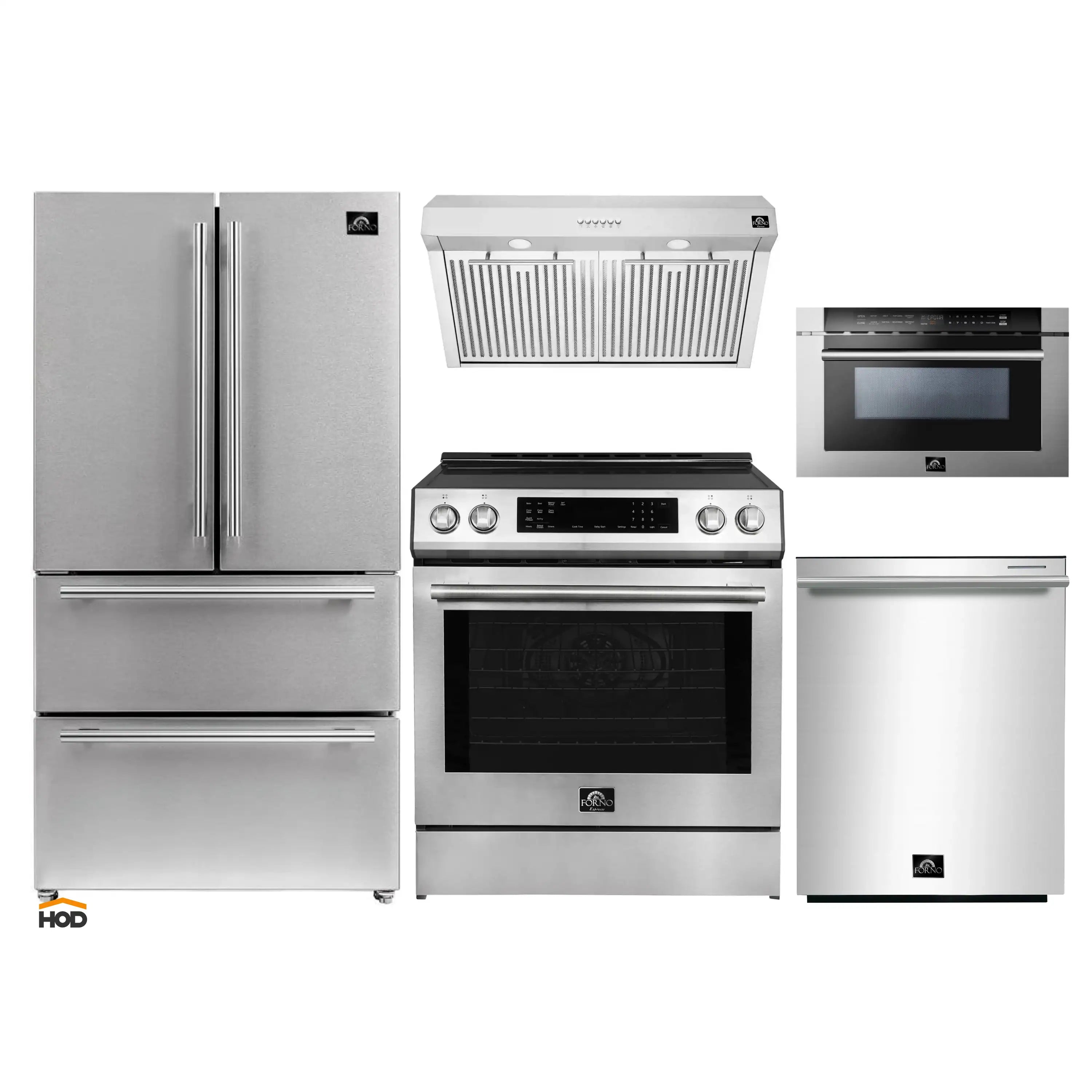 Forno 5-Piece Appliance Package - 30-Inch Induction Range, Under Cabinet Range Hood, Refrigerator, Dishwasher, and  Microwave Drawer in Stainless Steel