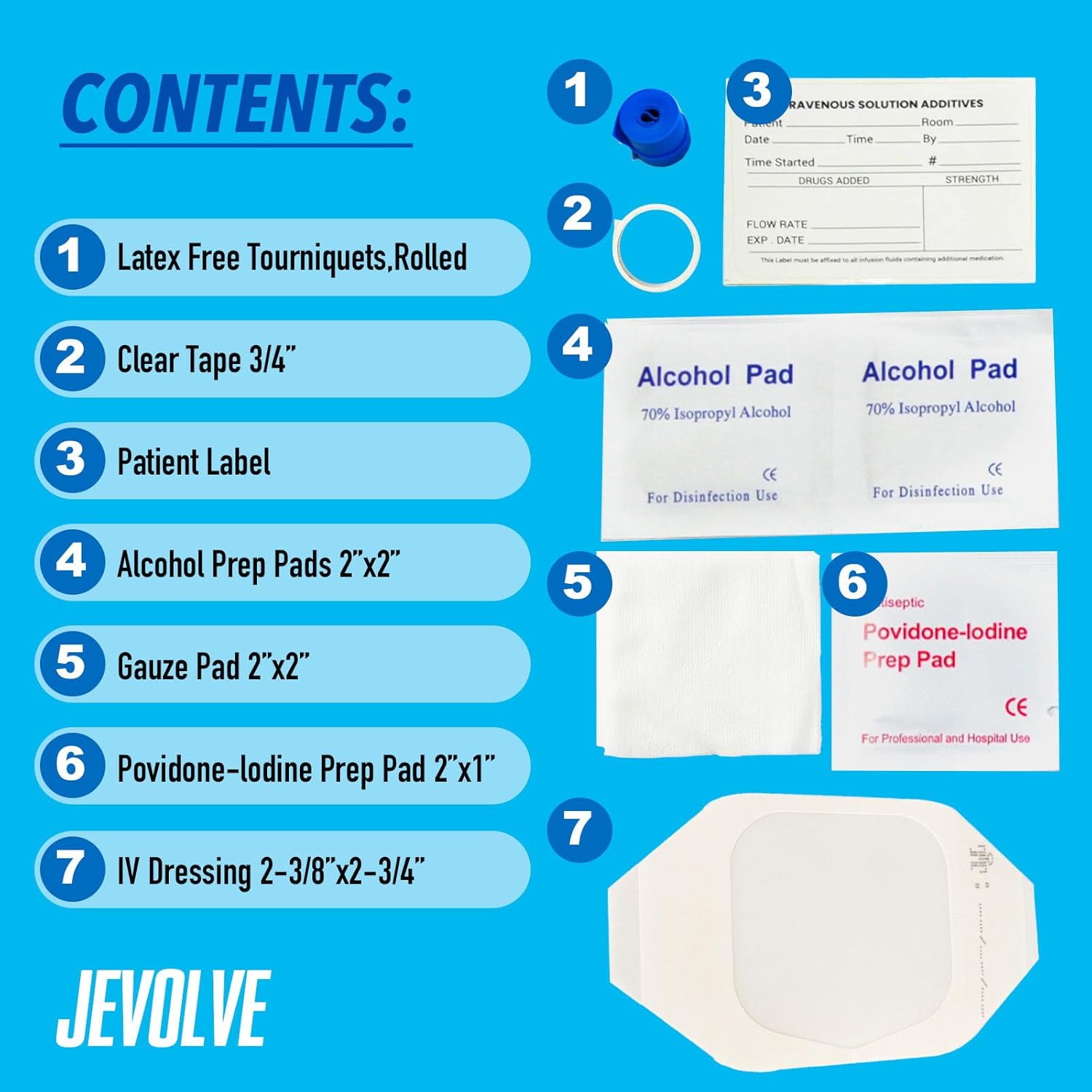 100 Pcs IV Starter Kit with Gauze/Chlorascrub Swab LF | Posi-Guard Catheter Securement Device & Transparent Window Dressing | Latex-Free Tourniquets