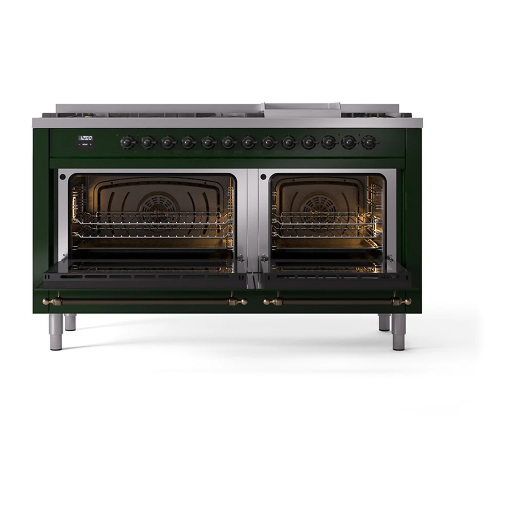 ILVE 60-Inch Nostalgie II Noblesse Dual Fuel Range with 9 Sealed Burners, Griddle, and Solid Door Oven in Emerald Green with Bronze Trim (UN60FQNMPEGB)