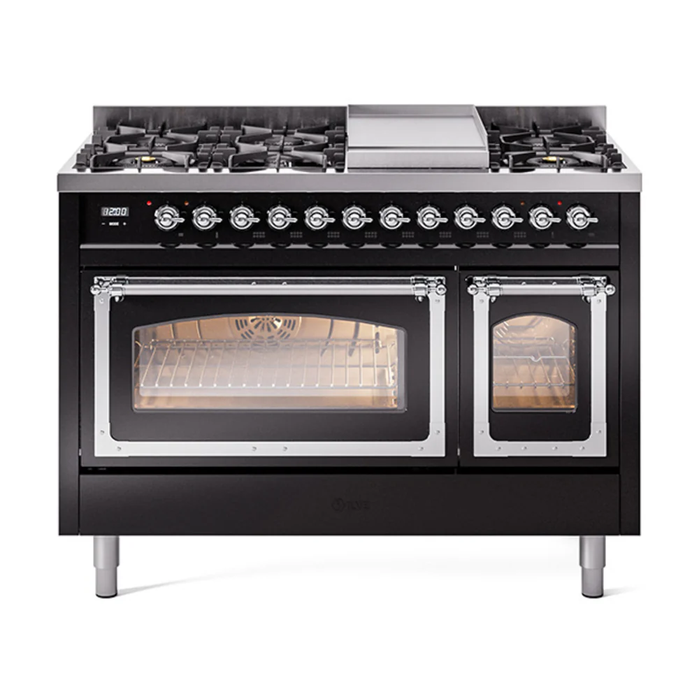 ILVE Nostalgie II Noblesse 48-Inch Dual Fuel Freestanding Range in Glossy Black with Chrome Trim (UN48FNMPBKC)