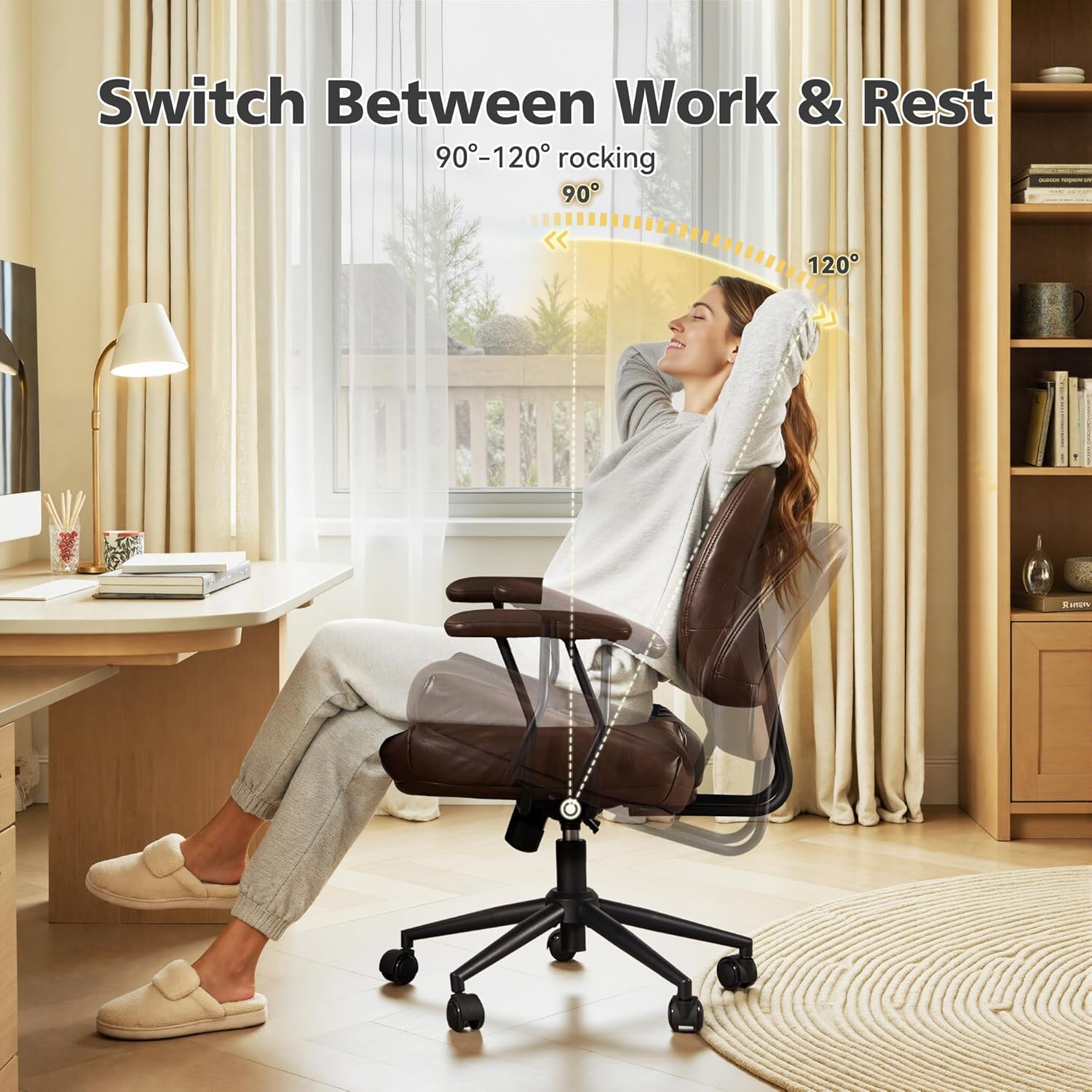 Home Office Desk Chair Office Rubber Casters Ergonomic Computer Chair with Lumbar Support Adjustable Height Rolling Swivel Executive Task Armrests Chair