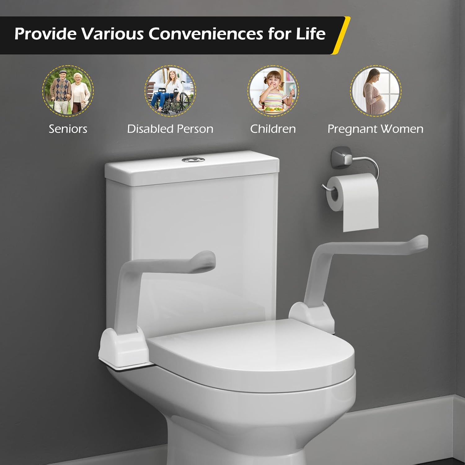 Dyna-Living Toilet Safety Rails 480lbs Load-Bearing Toilet Safety Frame with Flip Up Non-Slip Aluminum Alloy Armrest Toilet Assist Devices for Seniors Toilet Support Bars for Elderly Toilet Seat Rails