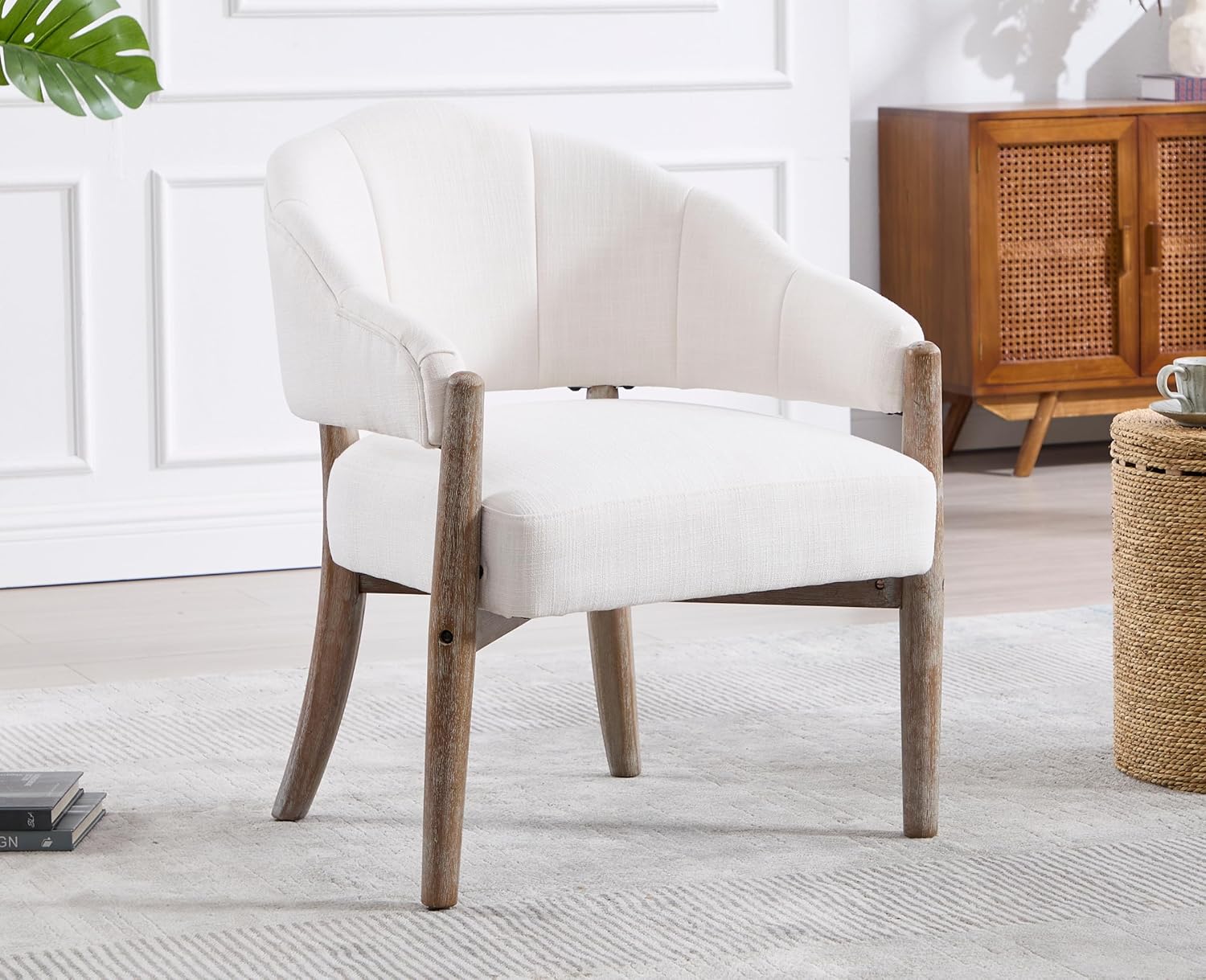 EALSON Modern Farmhouse Accent Chair Comfy Living Room Arm Chair with Rerustic Wood Leg Cozy Linen Upholstered Reading Armchair Lounge Side Chair for Bedroom Beige
