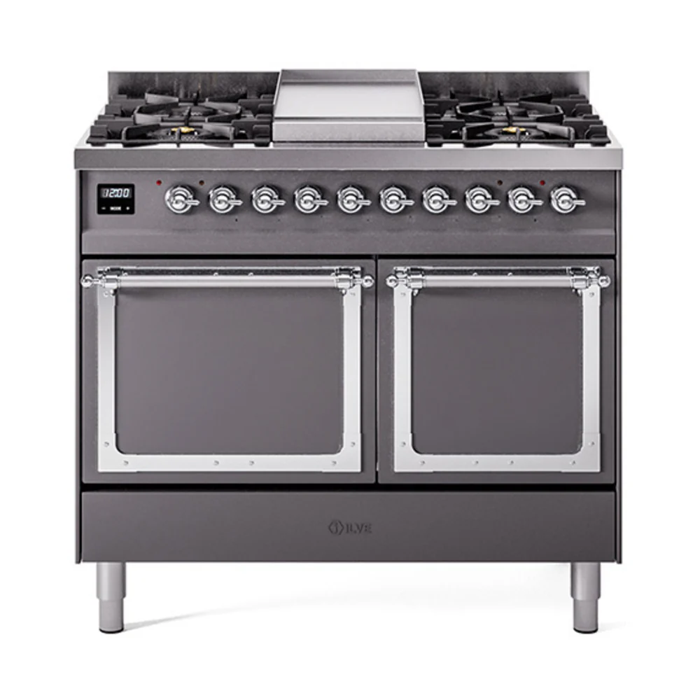 ILVE 40-Inch Nostalgie II Noblesse Dual Fuel Range with Solid Door Oven in Matte Graphite with Chrome Trim (UND40FQNMPMGC)