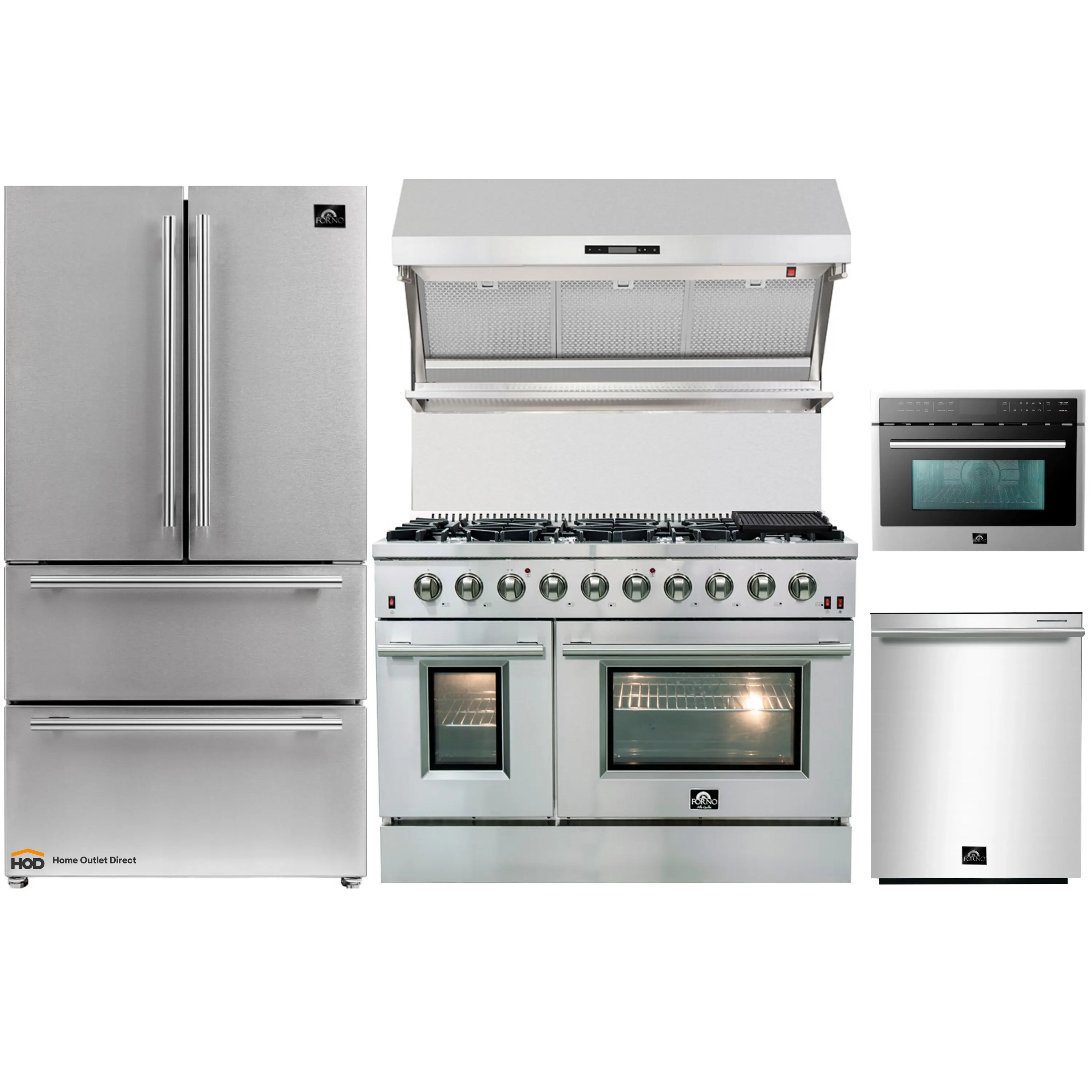 Forno 5-Piece Appliance Package - 48-Inch Gas Range, Refrigerator, Wall Mount Hood with Backsplash, 24-Inch Microwave Oven, & 3-Rack Dishwasher in Stainless Steel