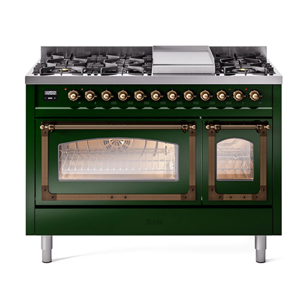 ILVE Nostalgie II Noblesse 48-Inch Dual Fuel Freestanding Range in Emerald Green with Bronze Trim (UN48FNMPEGB)