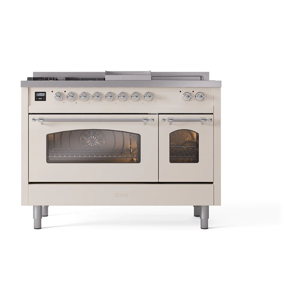 ILVE Nostalgie II 48-Inch Dual Fuel Range with 5 Burners, Griddle, & French Top with Triple Glass Door Oven in Antique White with Chrome Trim (UP48FSNMPAWC)