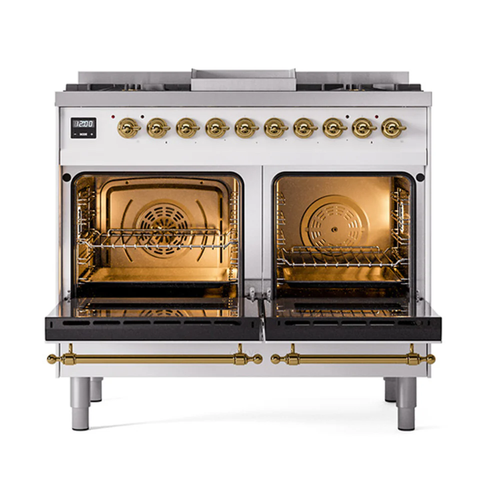 ILVE 40-Inch Nostalgie II Dual Fuel Range with 6 Burners, Griddle and Solid Door Oven in RAL with Brass Trim (UPD40FQNMPRAG)