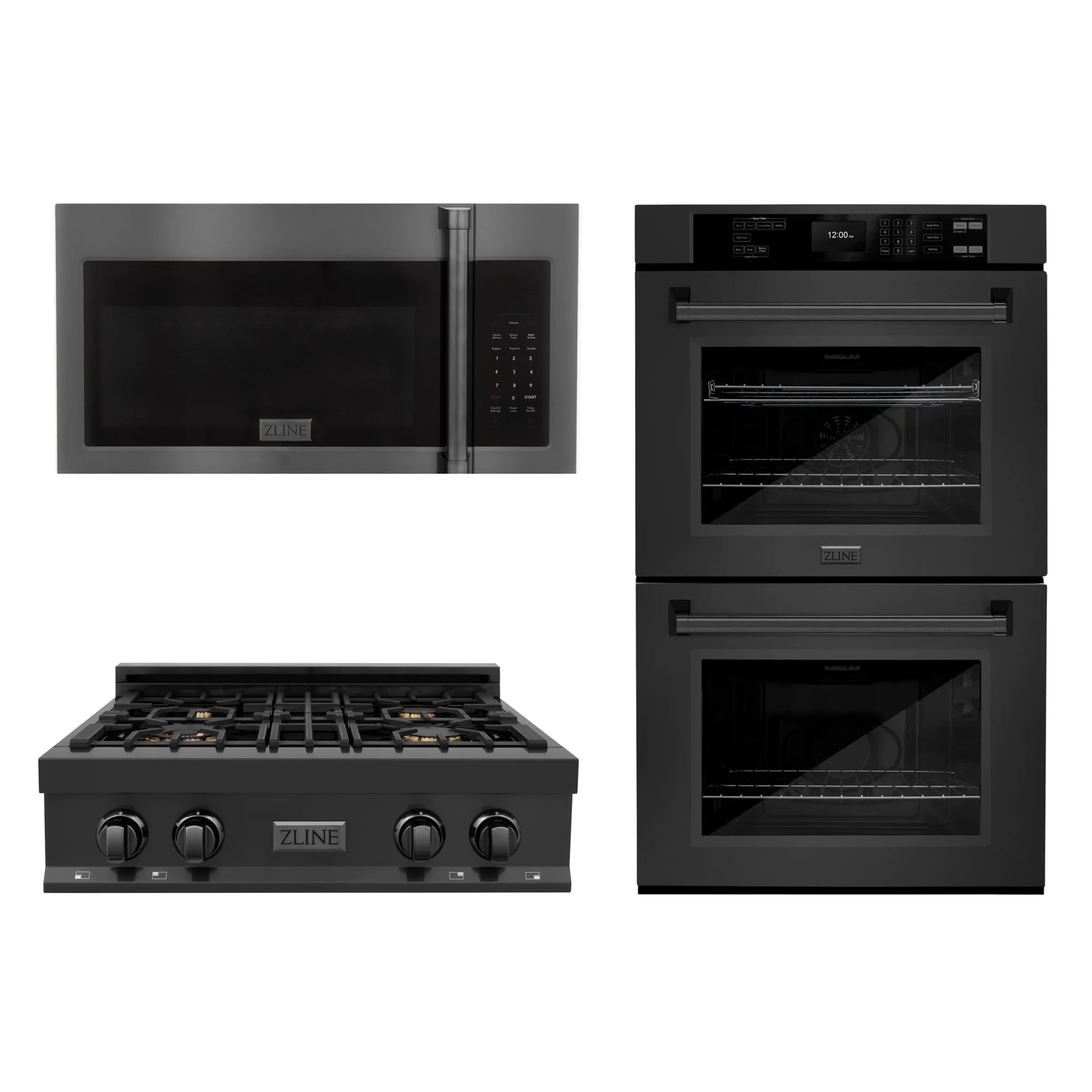 ZLINE 3-Piece Appliance Package - 30-Inch Rangetop, Over-the-Range Microwave Oven, and  Double Wall Oven in Black Stainless Steel (3KP-RTBOTRH30-AWD)