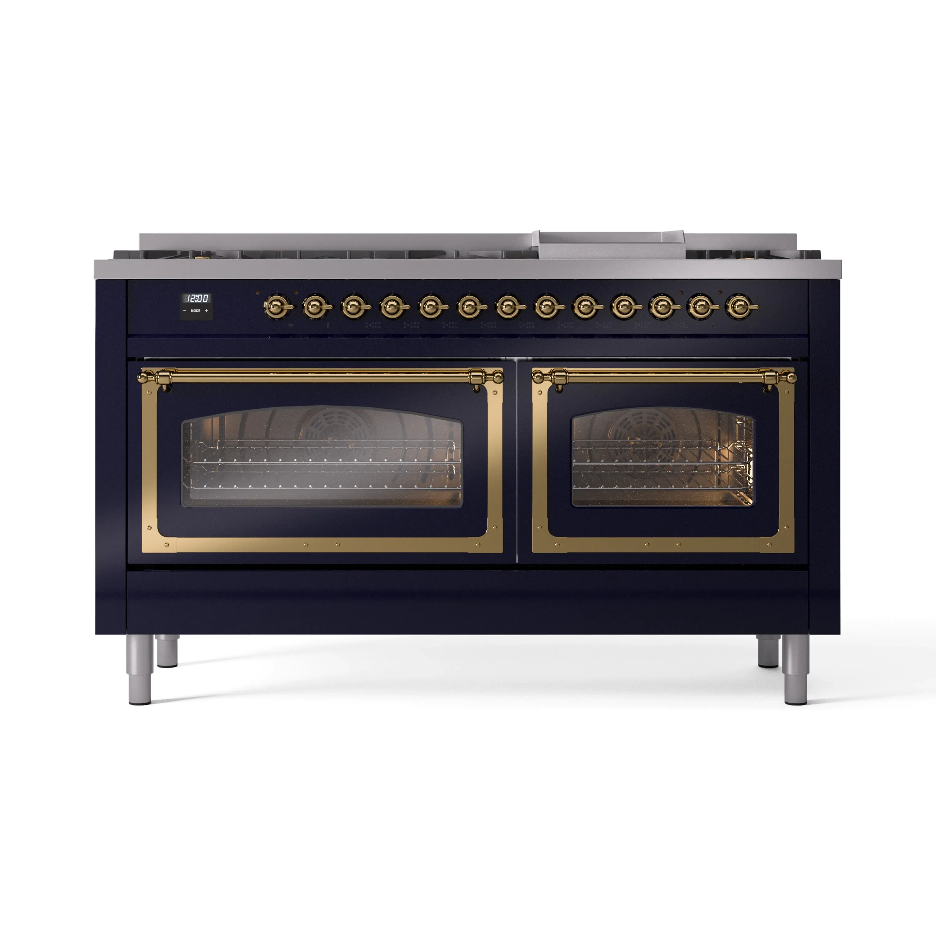 ILVE 60-Inch Nostalgie II Noblesse Dual Fuel Range with 9 Sealed Burners, Griddle, Triple Glass Door Oven in Midnight Blue with Brass Trim (UN60FNMPMBG)