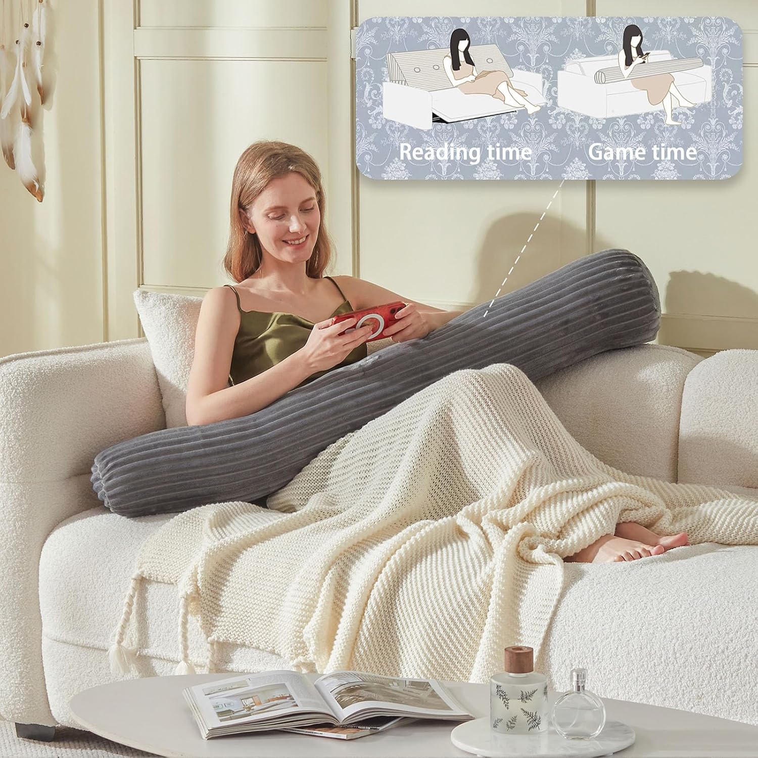 Headboard Wedge Pillow + A Long Neck Roll Pillow Body Pillow，Large Headboard Pillow with Removable Cover (Gray, King：76x8x20 inches)