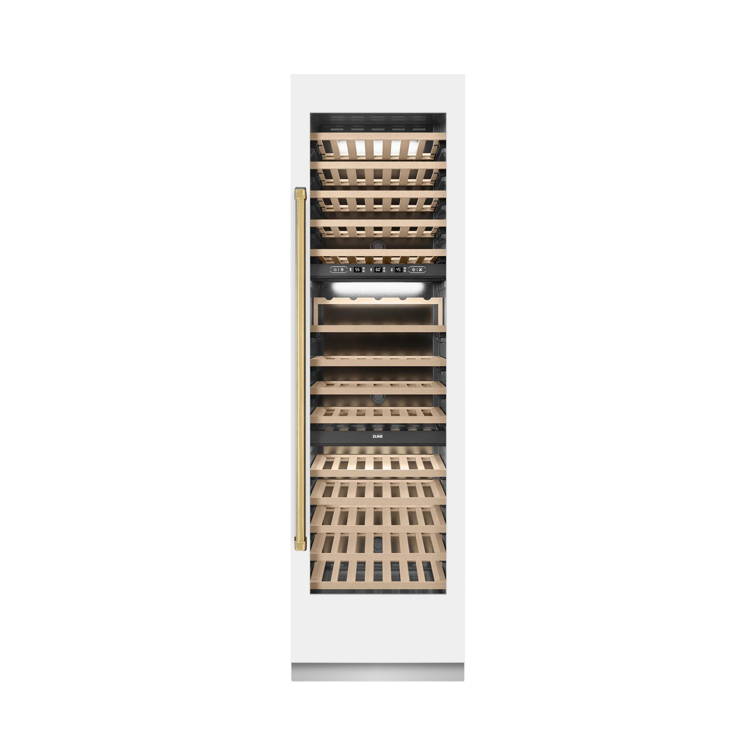ZLINE Autograph Edition 24-Inch 12.4 Cu. Ft. Triple Zone 100 Bottle Column Wine Cooler in White Matte and Polished Gold Accents (RCWVZ-WM-24-G)