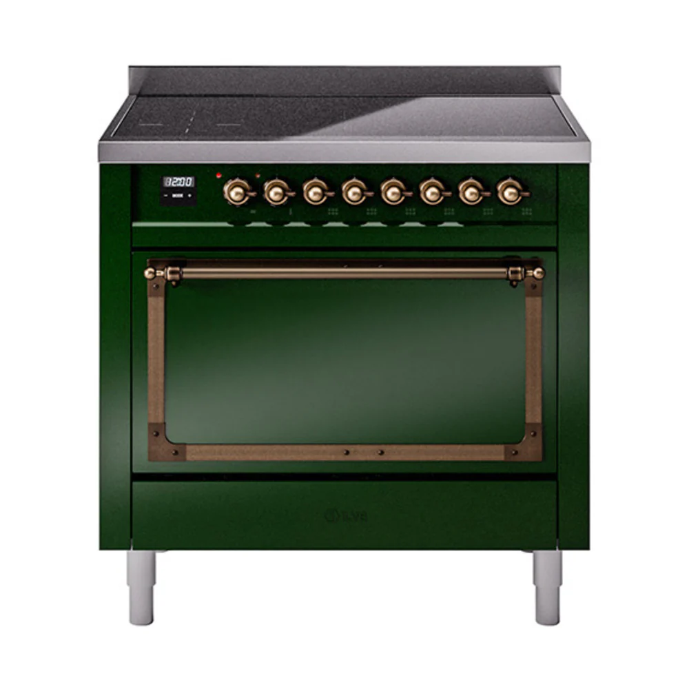 ILVE Nostalgie II Noblesse 36-Inch Induction Range with Solid Door in Emerald Green with Bronze Trim (UNI366QNMPEGB)