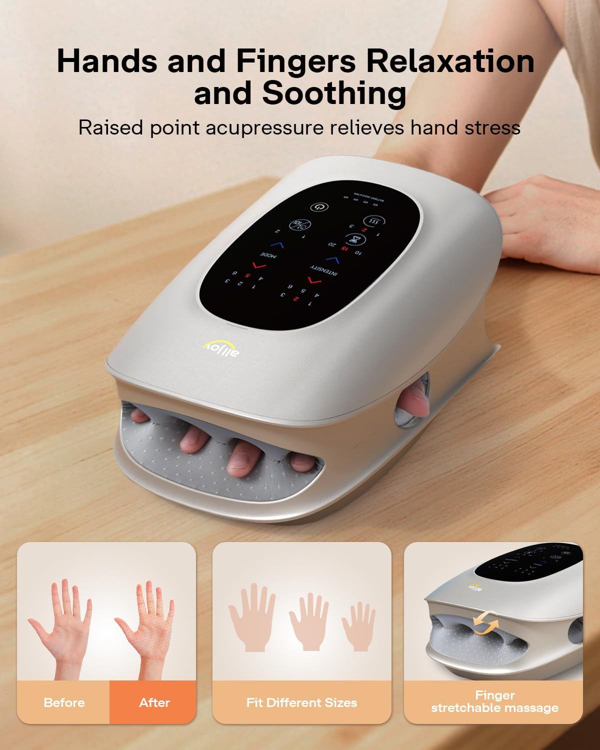 ALLJOY Hand Massager with Heat and Compression, Knuckle Stretching and Hand Massage, 6 Modes 6 Intensities 3 Heat for Arthritis and Carpal Tunnel Relief, Gifts for Women Men(Champagne)