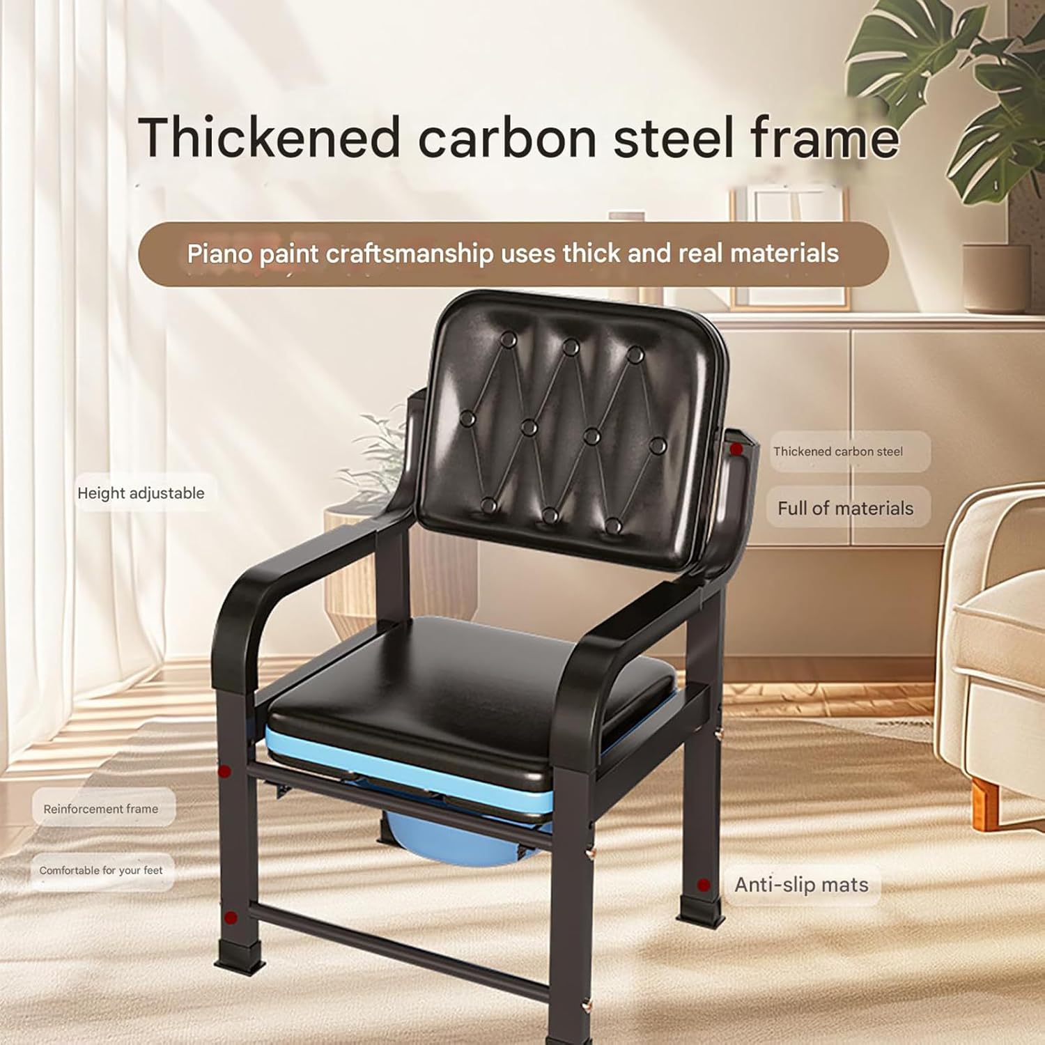 Bedside Commode Chair, Elderly Mobile Toilet Stool, Adjustable Height Bedside Commodes for Seniors, Pregnant Women, with Padded Backrest, Arm Support