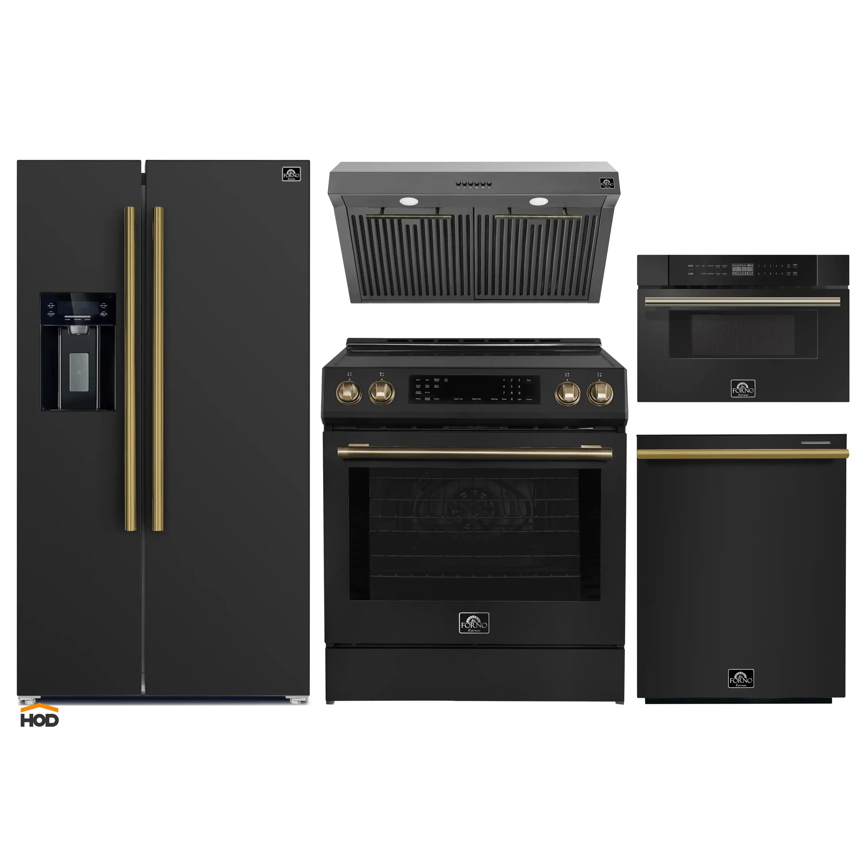 Forno 5-Piece Appliance Package - 30-Inch Induction Range, Under Cabinet Range Hood, Refrigerator with Water Dispenser, Dishwasher, and 30-Inch Microwave Drawer in Black with Antique Brass Trim