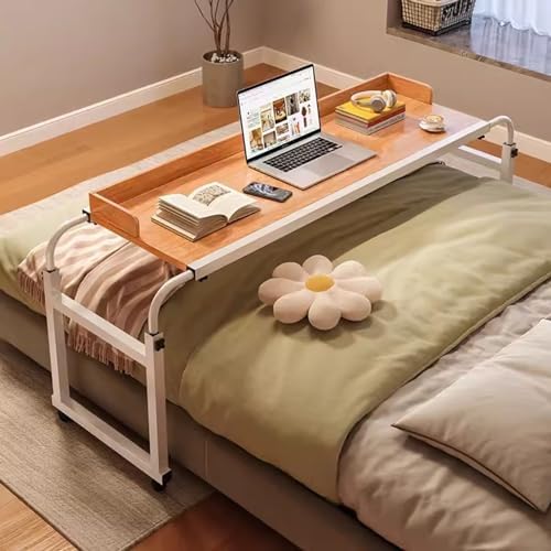 Over Bed Desk Height Adjustable 65-95cm，Overbed Table Computer Desk with Desktop Baffle Food Tray Desk Rolling Medical Table Portable Desk with Castor Wheels(Color:Wood)