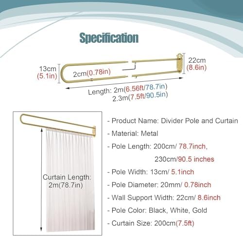 White Room Divider Curtains - U-Shape Privacy Partition with Wall-Mounted Pole for Beauty Salons, Clinics, and Home Use - Hanging Separator Screen (L 200cm/6.5ft)