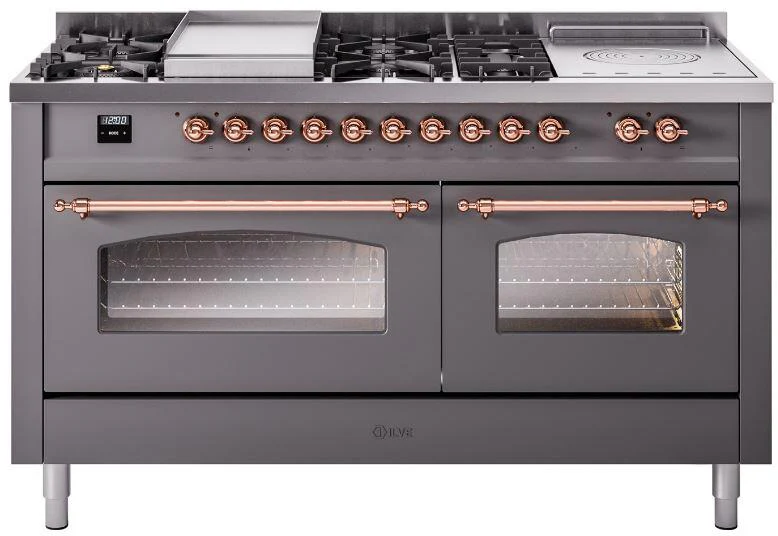 ILVE Nostalgie II 60-Inch Dual Fuel Range with 7 Burners, Griddle, & French Top with Triple Glass Door Oven in Matte Graphite with Copper Trim (UP60FSNMPMGP)