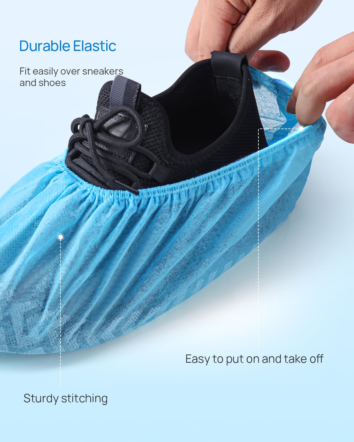 JMU 100 Pcs Disposable Isolation Gowns Bulk, Polypropylene Medical Gowns Long with Knitted Cuffs Bundle with 1000 Pcs Shoe Covers Disposable, Non-Woven Fabric Shoes Covers, Blue