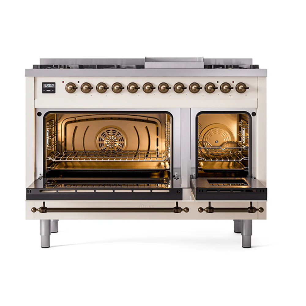 ILVE Nostalgie II Noblesse 48-Inch Dual Fuel Freestanding Range with Solid Door Oven in Antique White with Bronze Trim (UN48FQNMPAWB)