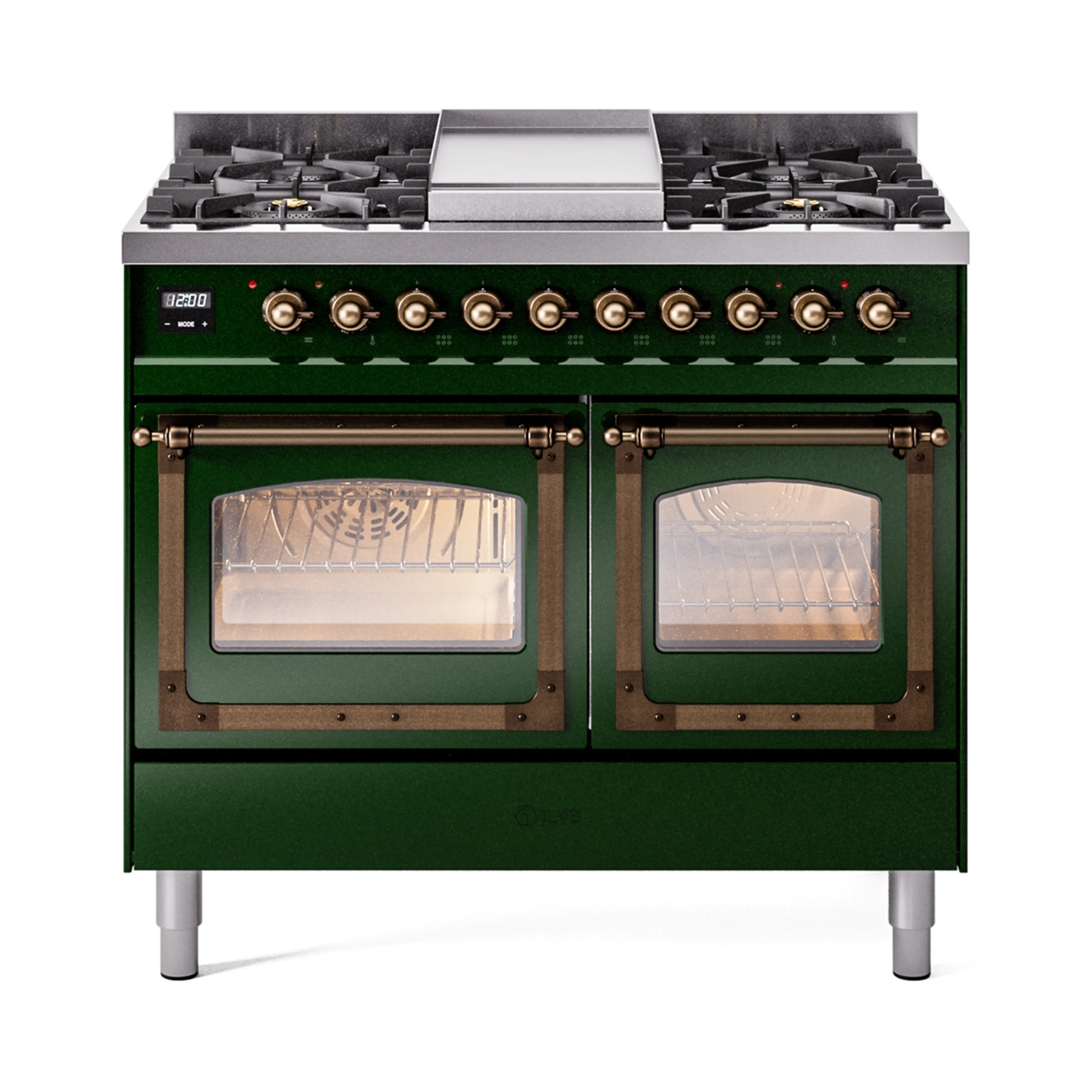 ILVE 40-Inch Nostalgie II Noblesse Dual Fuel Range with Triple Glass Door Oven in Emerald Green with Bronze Trim (UND40FNMPEGB)