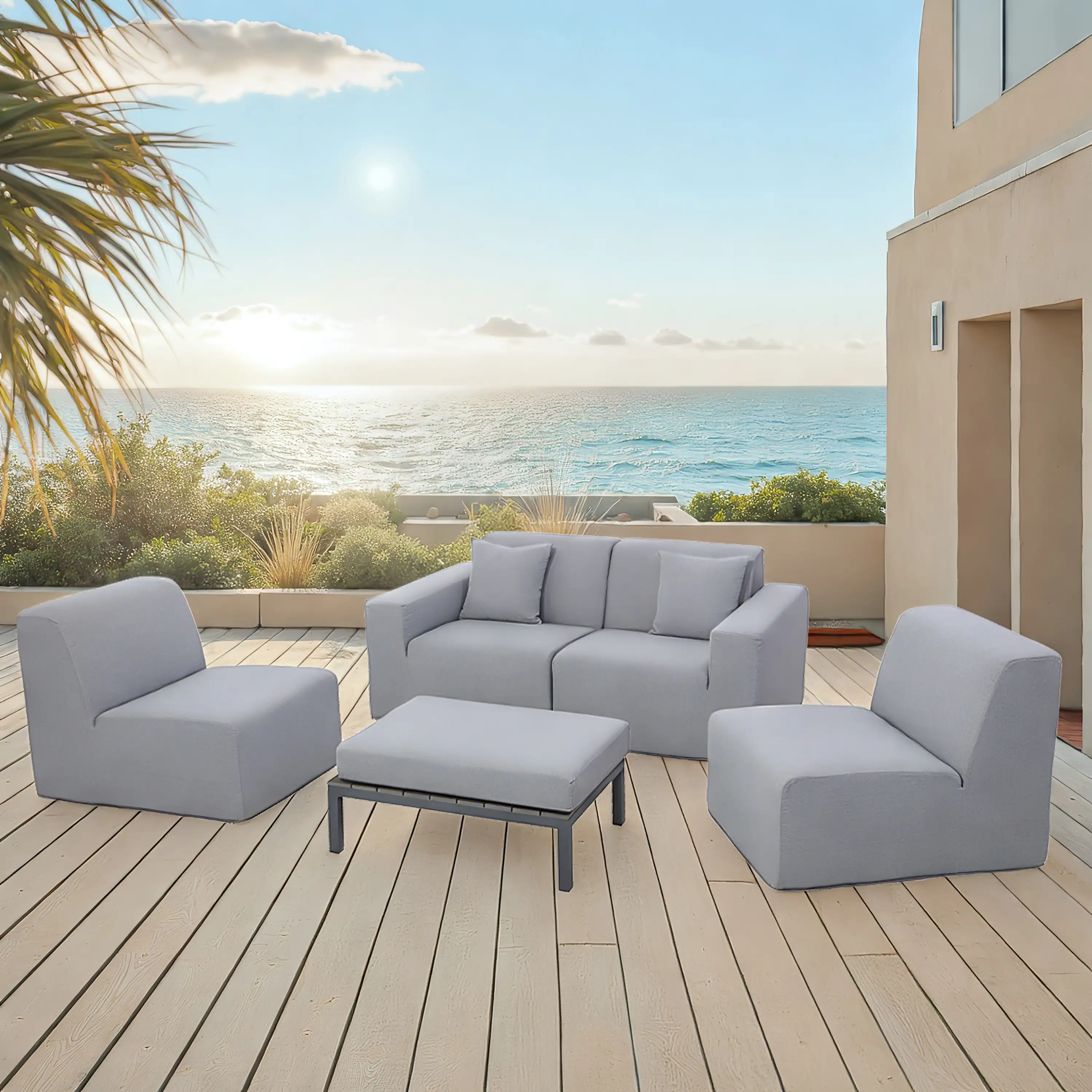 Deko Living 4 Piece Seating Gray Outdoor Compressed Foam Sectional Sofas and Ottoman Set (COP30017)