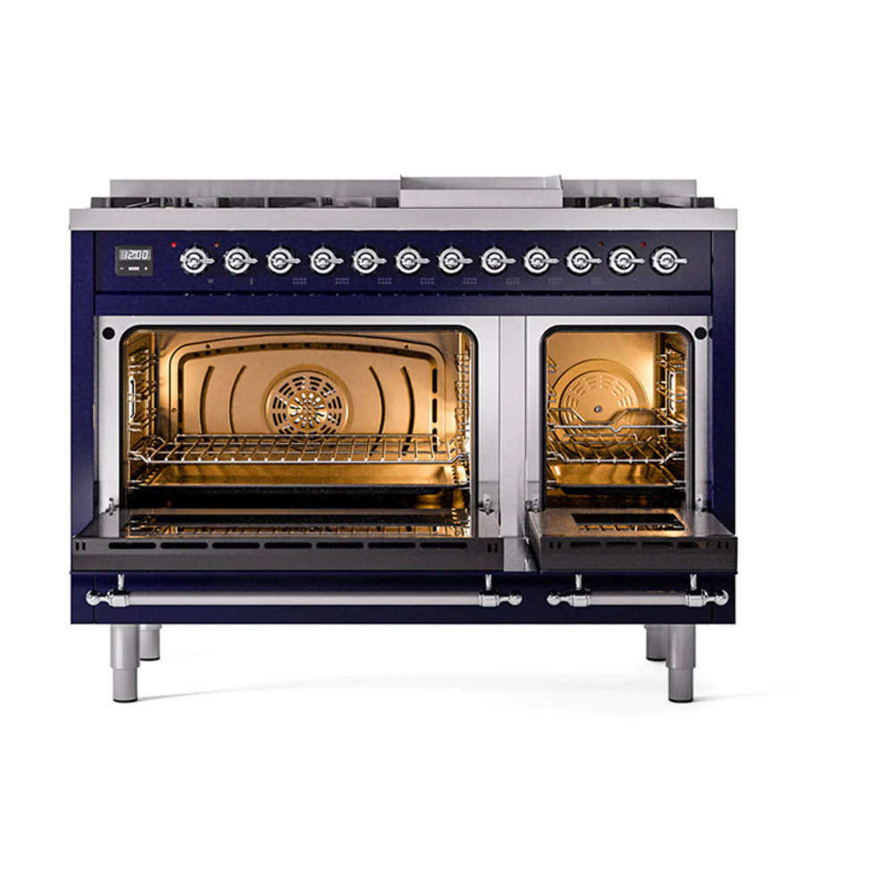 ILVE 48-Inch Nostalgie II Dual Fuel Range with 8 Burners, Griddle, and Solid Door Oven in Midnight Blue with Chrome Trim (UP48FQNMPMBC)