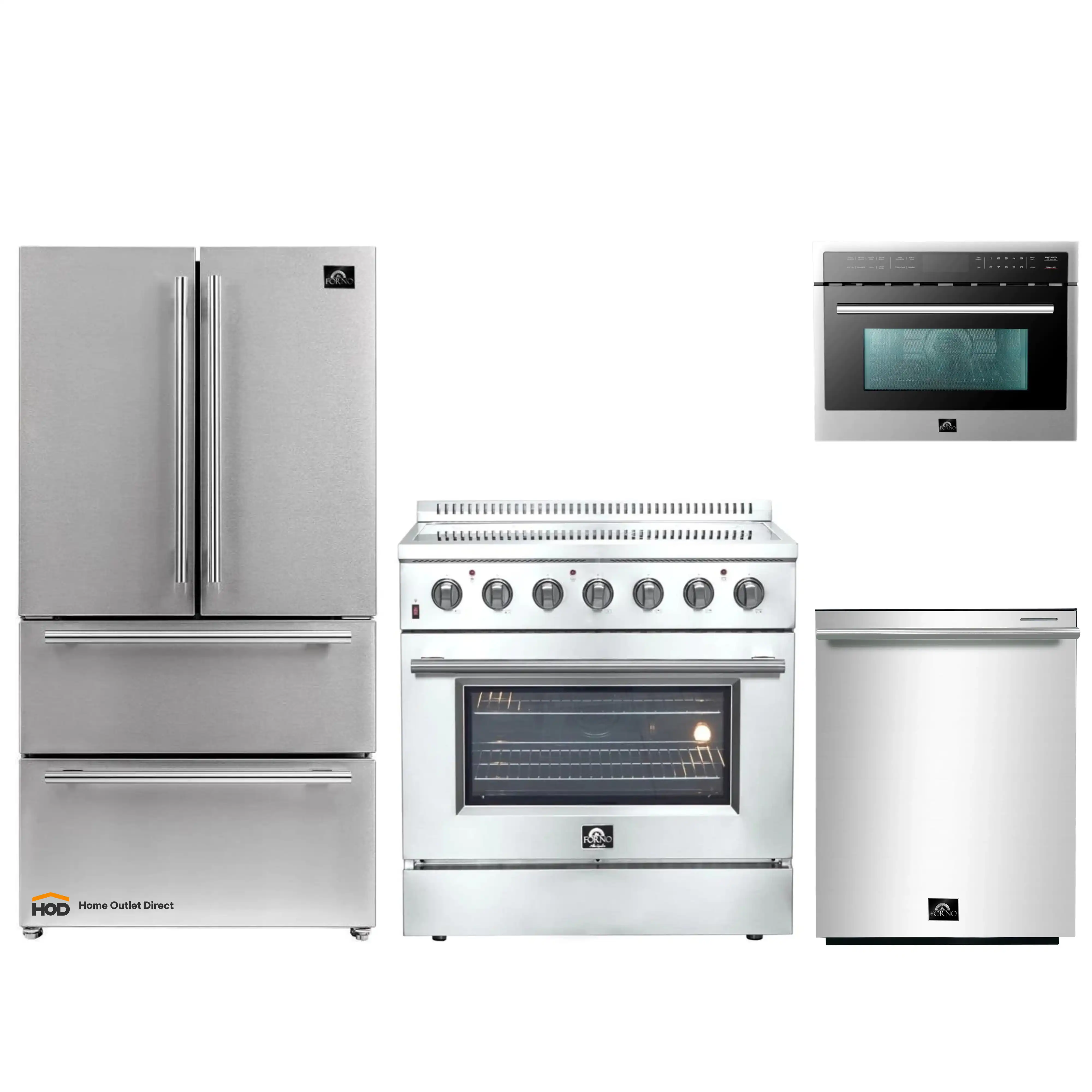 Forno 4-Piece Appliance Package - 36-Inch Electric Range, French Door Refrigerator, Dishwasher, and 24-Inch Microwave Oven in Stainless Steel